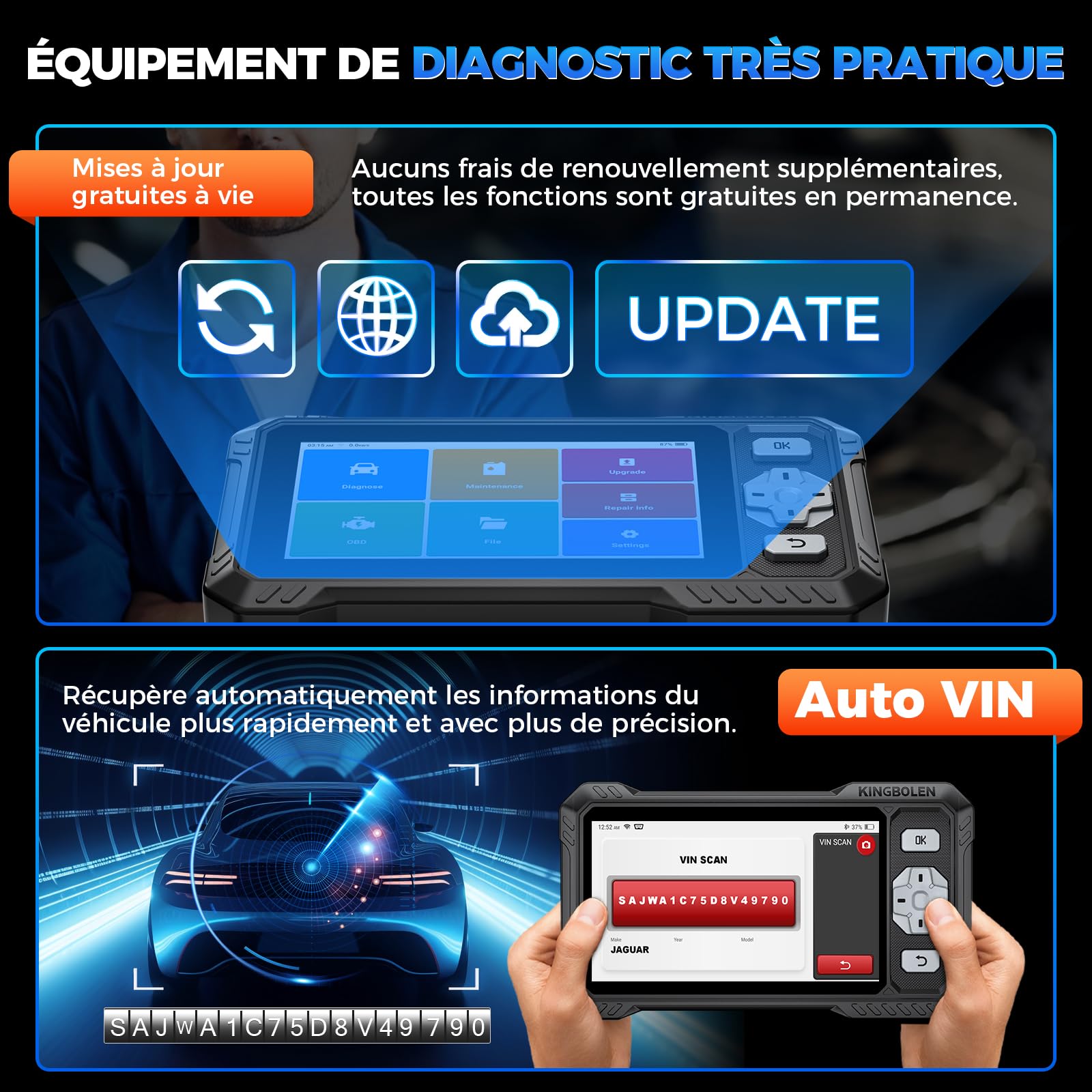 KINGBOLEN S608 Valise Diagnostic Auto, OBD2 Diagnostic Français pour 4 Systèmes ABS SRS Transmission Moteur, Tests Actifs Bidirectionnels, 9 Réinitialisations, CANFD＆FCA, Mise à Jour Gratuite
