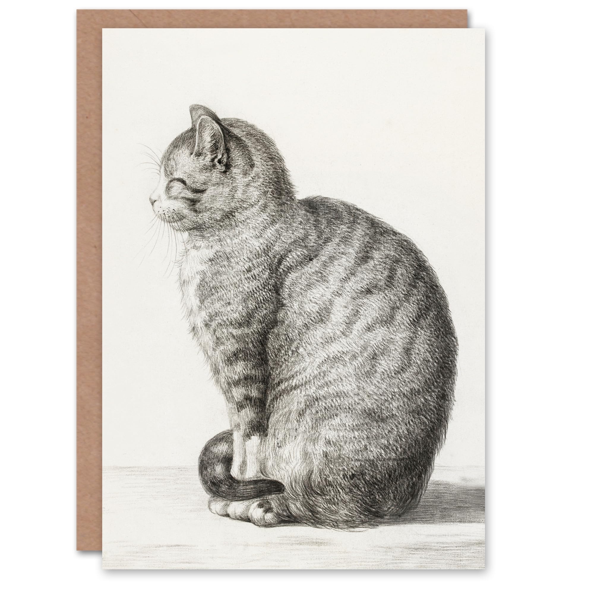 Artery8 Jean Bernard Art Card Sitting Smiling Cat Pencil Drawing