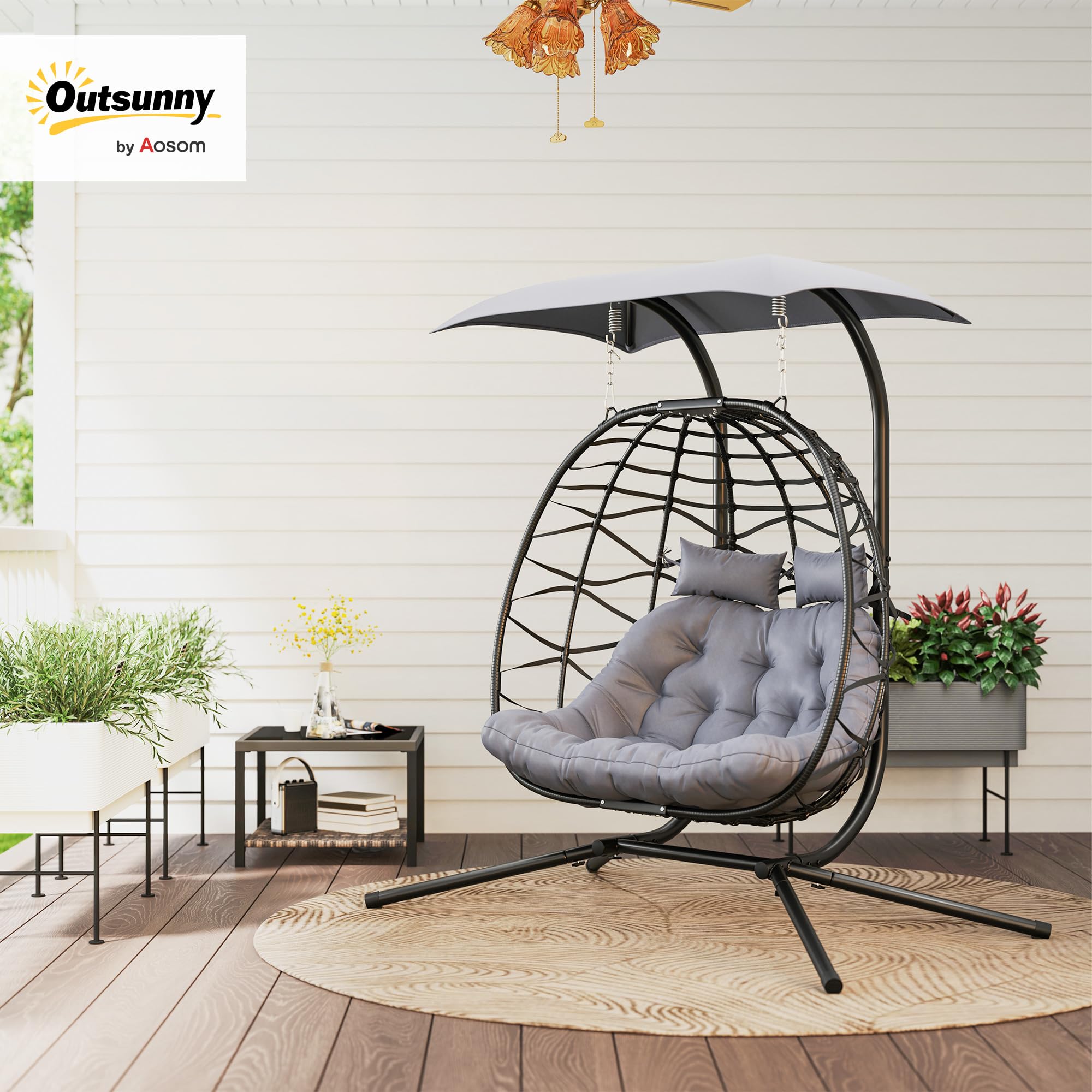 Outsunny Hängesessel mit Gestell faltbar für 2 Personen 260kg Dunkelgrau | Hängekorb mit Kissen, Sonnenschutzdach, Polyrattan Hängestuhl, Outdoor Hängeschaukel, Sessel für Balkon Terrasse