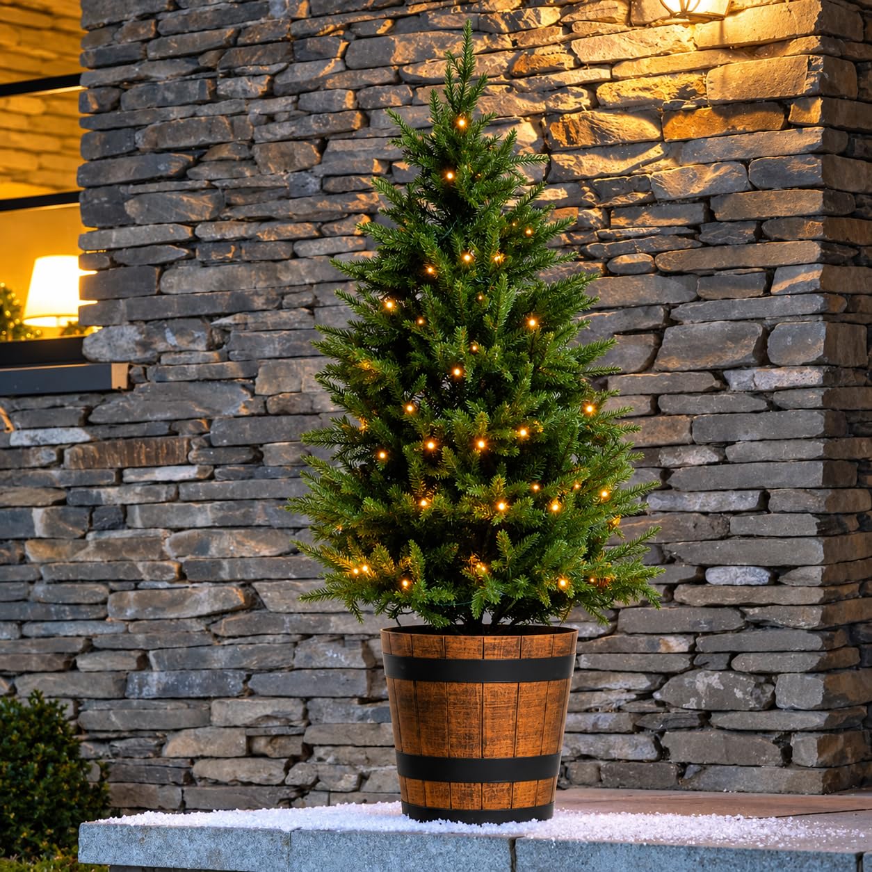 Premium Pre-Lit Christmas Potted Green Tree 4ft – 80 Warm White LEDs, Battery Operated with Timer, Indoor & Outdoor Christmas Decoration