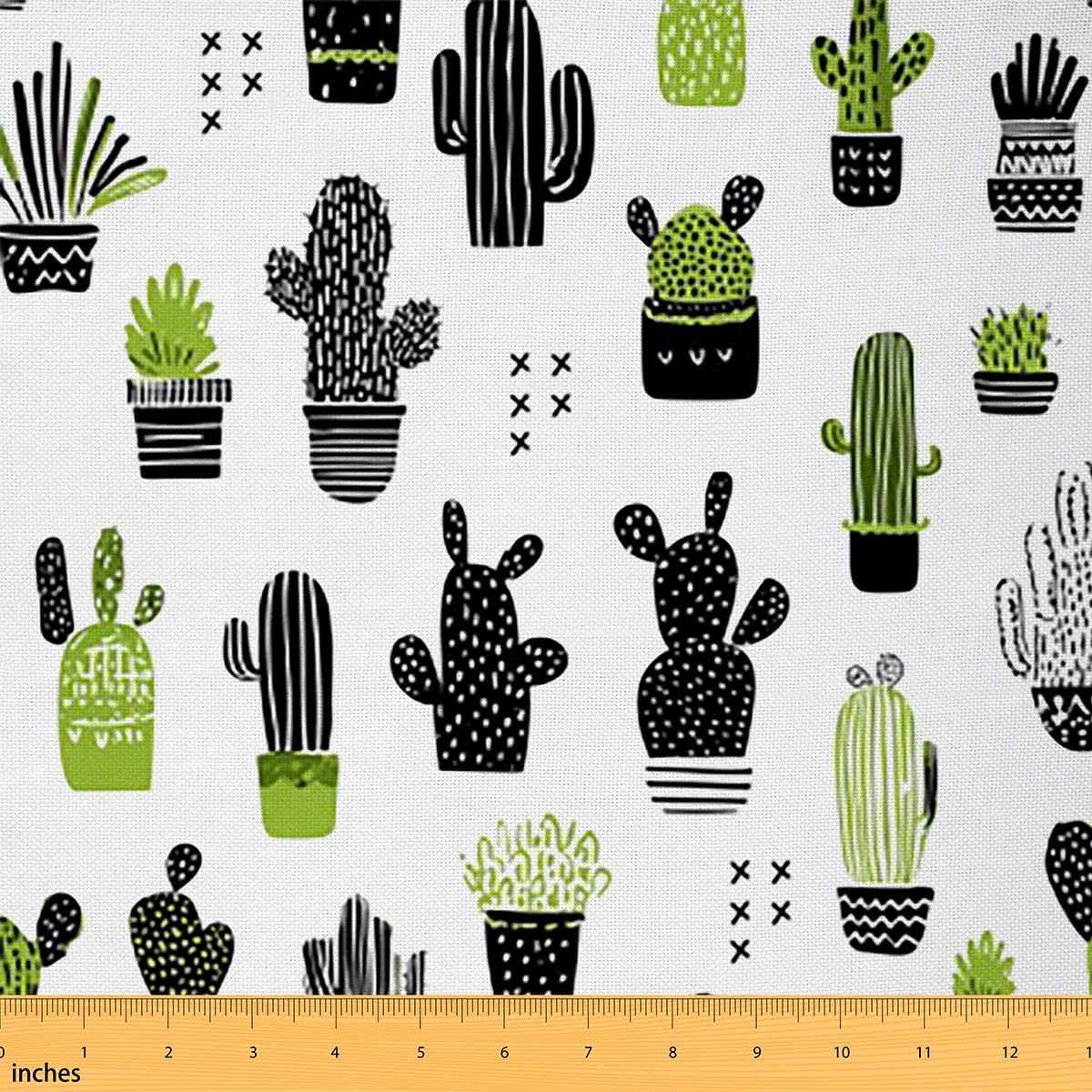 Cactus Fabric by The Yard, Geometric Cactus Upholstery Fabric, Kawaii Tropical Plants Decorative Fabric, Desert Botanical Creature Indoor Fabric, Cartoon Quilt Fabric for Sewing, Green White, 5 Yards