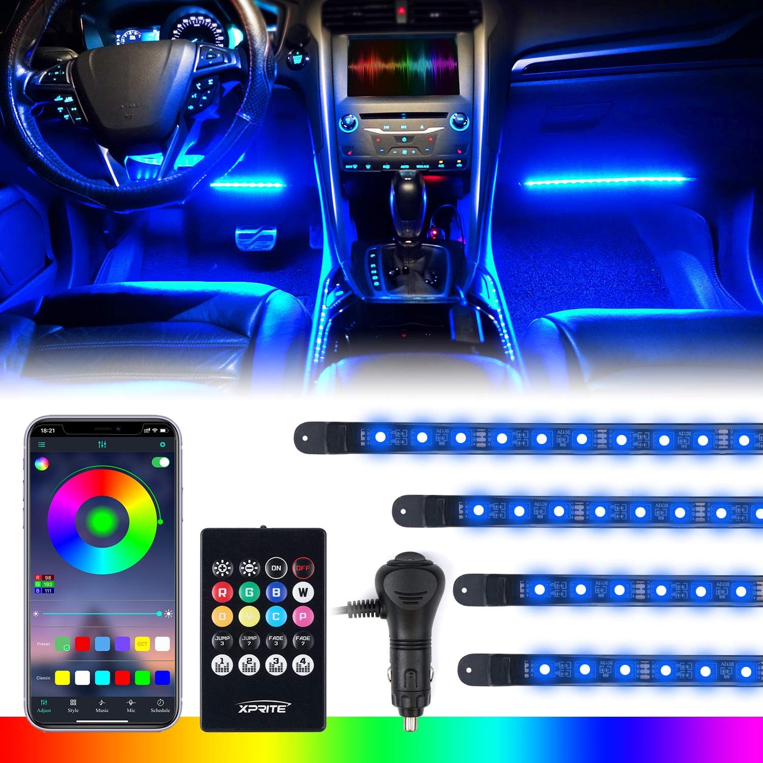 [Upgraded] Xprite RGB LED Car Interior Bluetooth Light Strips with Wireless Remote, Silicone Sealed, Under Dash Footwell Lights Kit w/Cigarette Adapter for Vehicle Internal, RV, SUV, Trucks -4 PCS