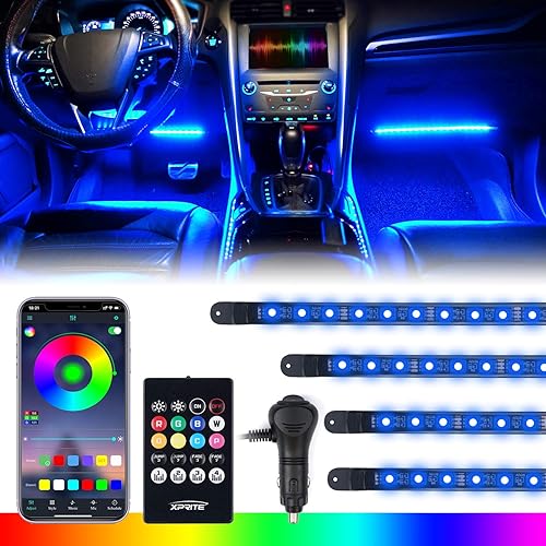 Xprite Tiras de luz LED RGB Bluetooth para interior de automóvil con control remoto y caja de control, sellado de silicona, kit de luces para debajo
