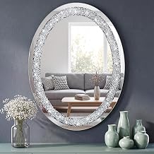 Leinuosen Oval Crushed Diamond Silver Wall Mirror 24 x 32 Inch Crystal Decorative Mirror for Wall Decor, Crystal Accent for Living Room Bedroom Entryway