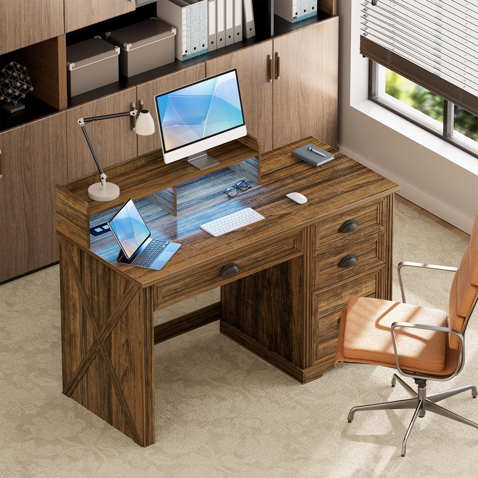 Lareth Computer Desk with Monitor Stand, Farmhouse Home Office Desk with LED Lights Power Outlets, 47 inch Wooden Workstation with Storage File Cabinet for Gaming Studying Working, Walnut: Natural