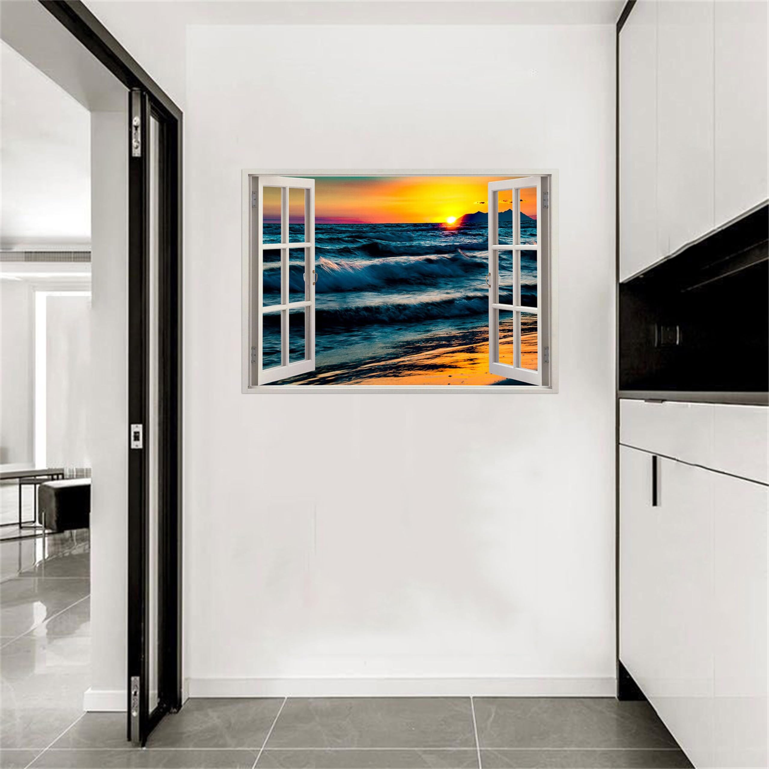 SDYSKKUG Fensterblick Bild. Meer wellen Sonnenuntergang. Landschaftsbilder Druck auf Leinwand. Wandbilder Wohnzimmer Wanddekoration 115x80cm Ungerahmt
