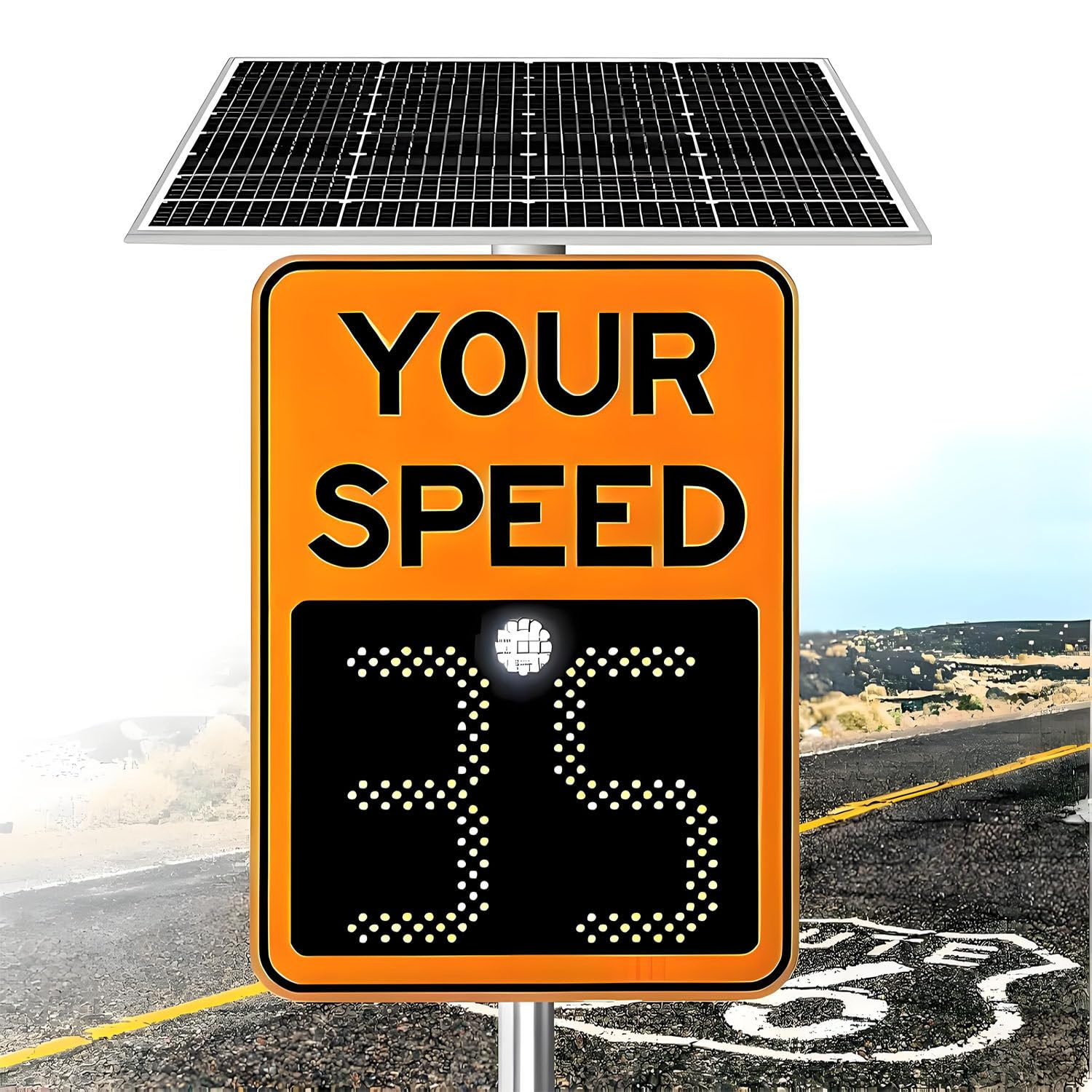 Señal de velocidad con radar, pantalla de velocidad de tráfico inalámbrica solar con control remoto, panel LED de 2 dígitos, detector de velocidad digital para calles y vecindarios, naranja