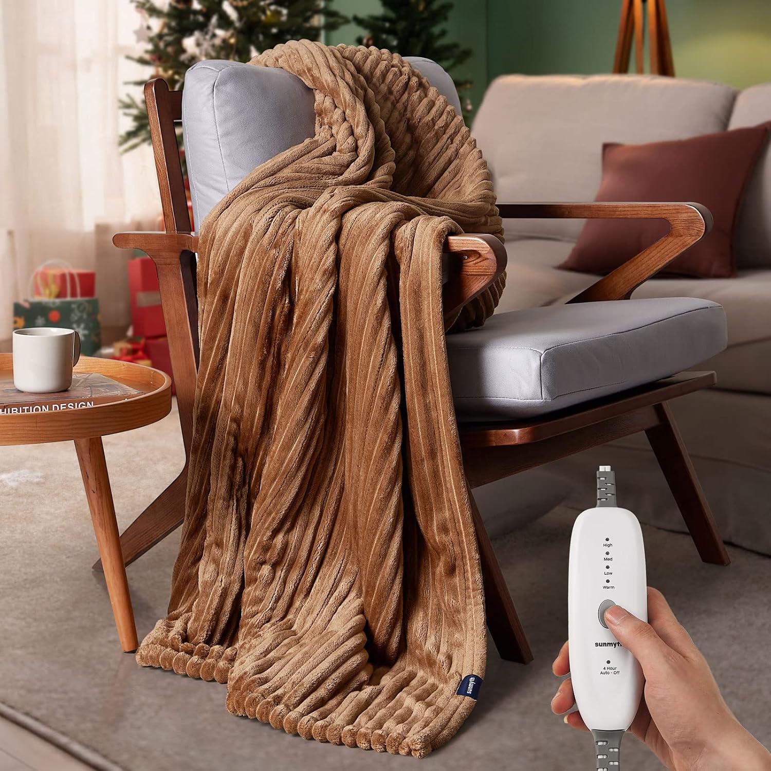 SUNMYTH Heated Blanket Electric Throw, Flannel & Sherpa Fast Heating Blanket with 4 Heating Levels & 4H Auto Off, Over-Heat Protection, Machine Washable, ETL/FCC, 50x60'', Brown