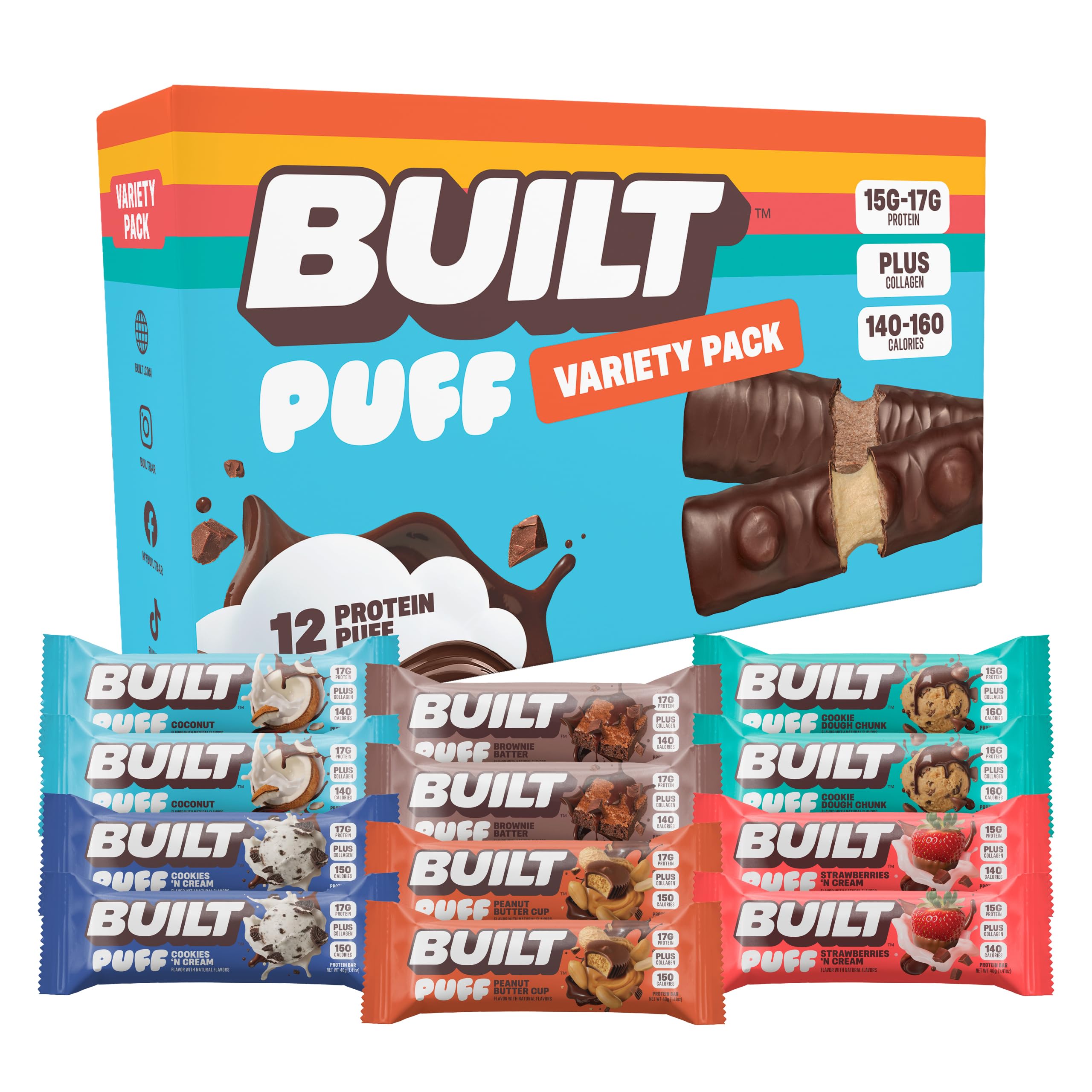 Built Bar, Puff Protein Bars, Variety Pack, Collagen, On-the-go Snacks, Breakfast Bar, Mixed Sampler, 12 Pack
