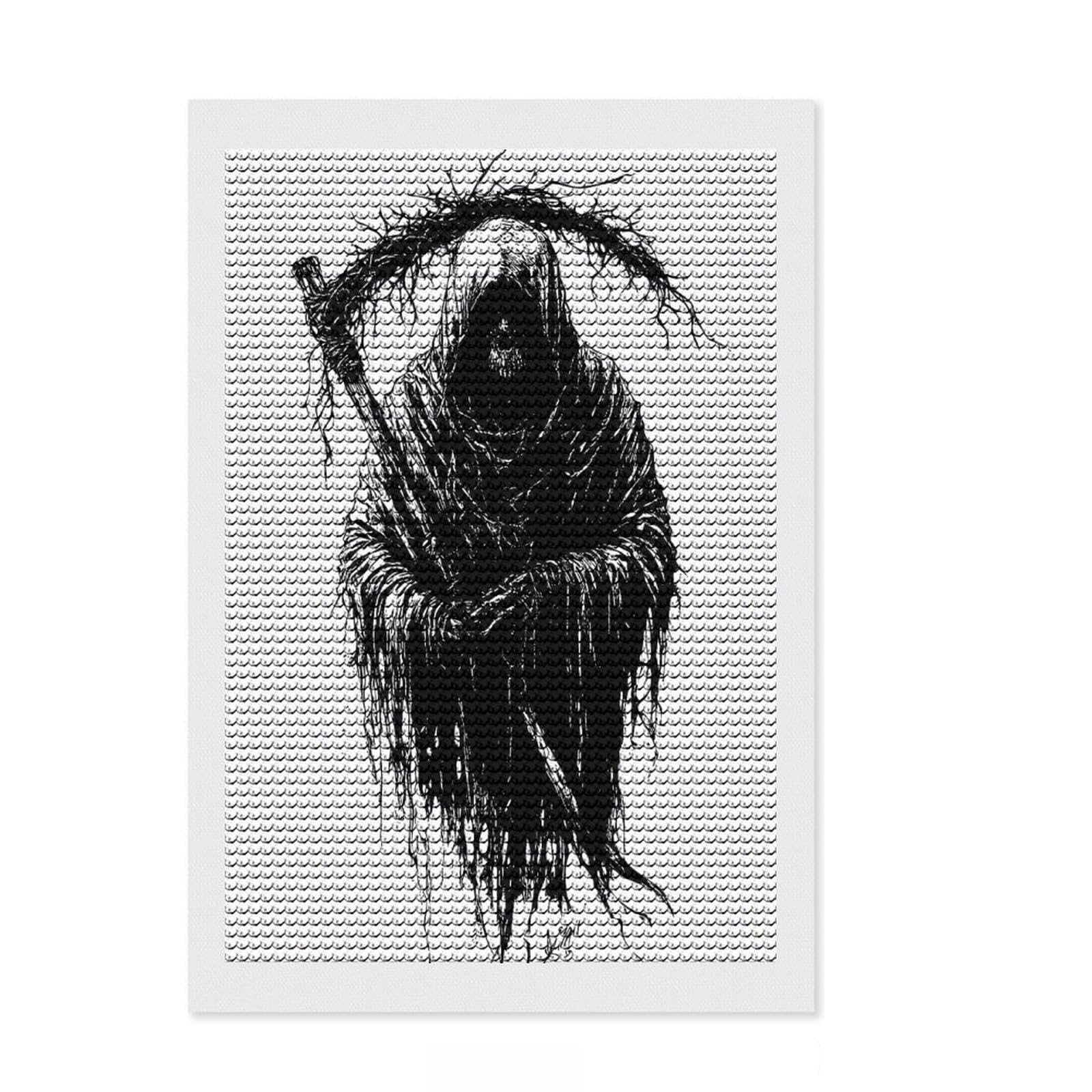 Junmoney Grim Reaper Black and White Illustration Diamond Painting Kit 8"x12", Detailed Printed Canvas, with Tool Kit, Full Kit Included, Canvas Picture