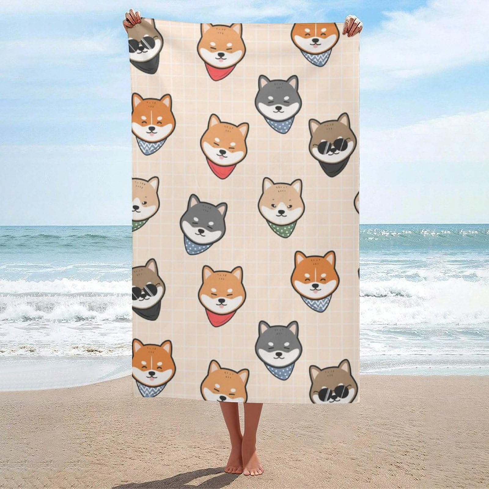 LEDFCVSU Beach Towel, Shiba Inu Dog Pattern Bath Towel, Absorbent Towel for Swimming, Sports, Travel