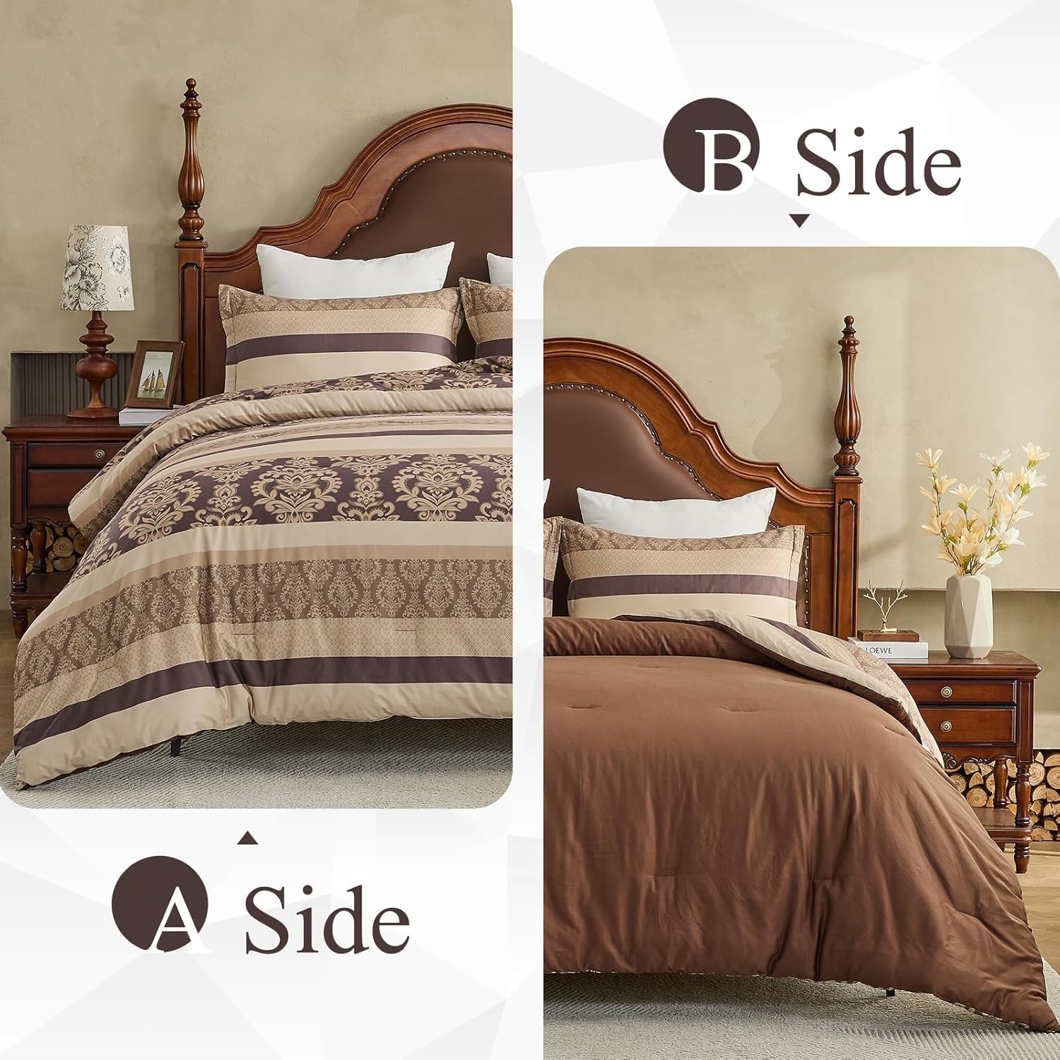 Cotton Comforter Set Queen Size - Brown Vintage Damask King Comforter Bedding Set, Warm Soft Bed Comforter for All Seasons 3pcs, Fluffy Quilted Comforter with 2 Pillowshams, Brown