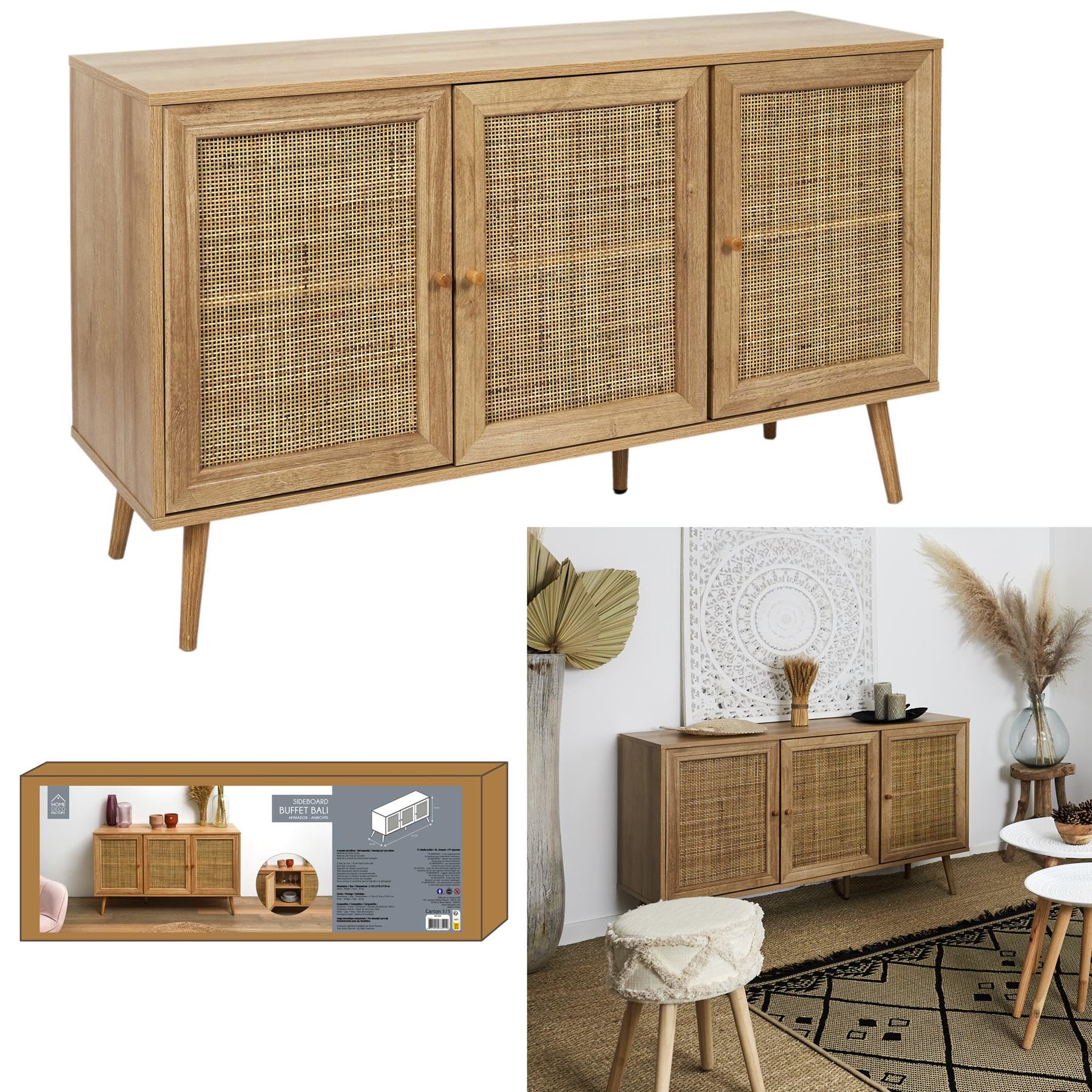 HOME DECO FACTORY - HD7454 Aparador 3 Puertas de Madera - Estilo Bali - Almacenamiento Elegante para Salón o Comedor - para tu Hogar - Acabado Beige Oro Crema | Aparador de madera de 3 puertas estilo Bali - Mueble de almacenamiento resistente para sala de