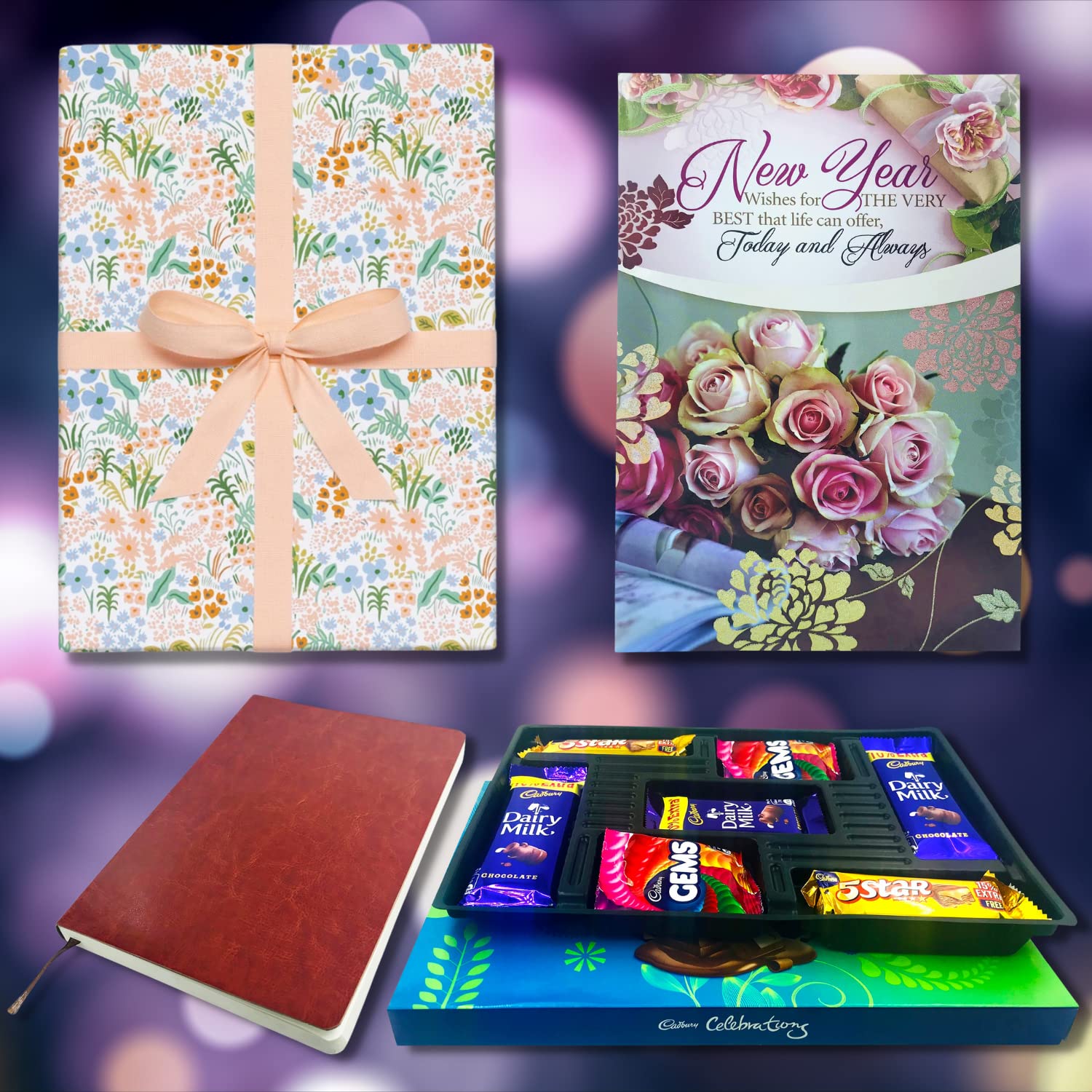 Almoda Creations New Year Gift Item: New Year Greeting Card, Leatherette Diary Notebook, Cadbury Celebrations Festive Chocolate Box with Fancy Gift Wrapping & Custom Message Option (C11)