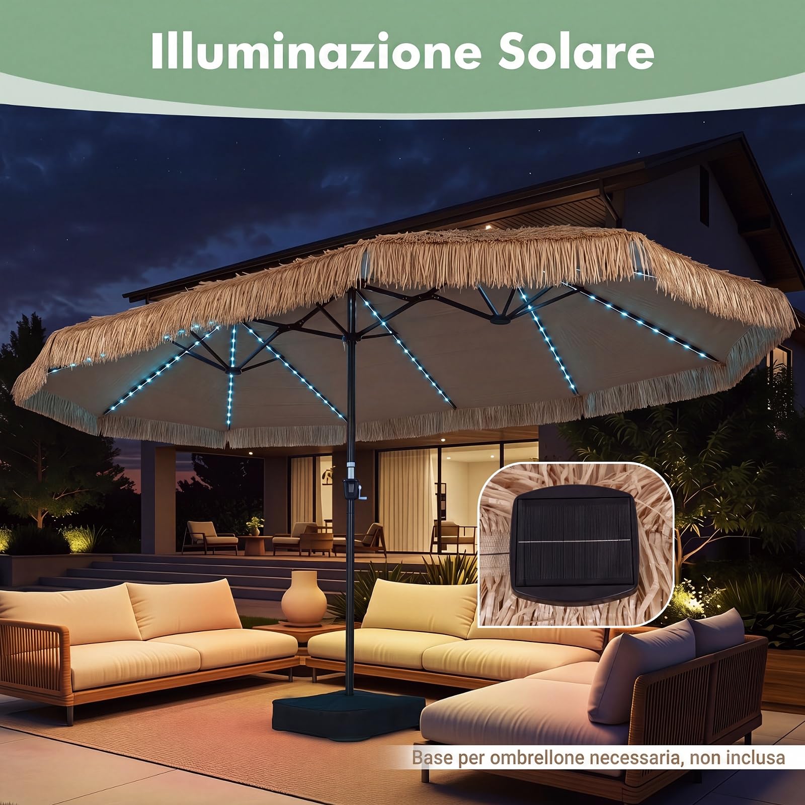 COSTWAY Ombrellone da Giardino in Paglia 450 x 270 cm, con 12 Stecche | Manovella, Antivento, Pieghevole Portatile, Ombrellone Hawaiano per Giardino, Cortile e Piscina
