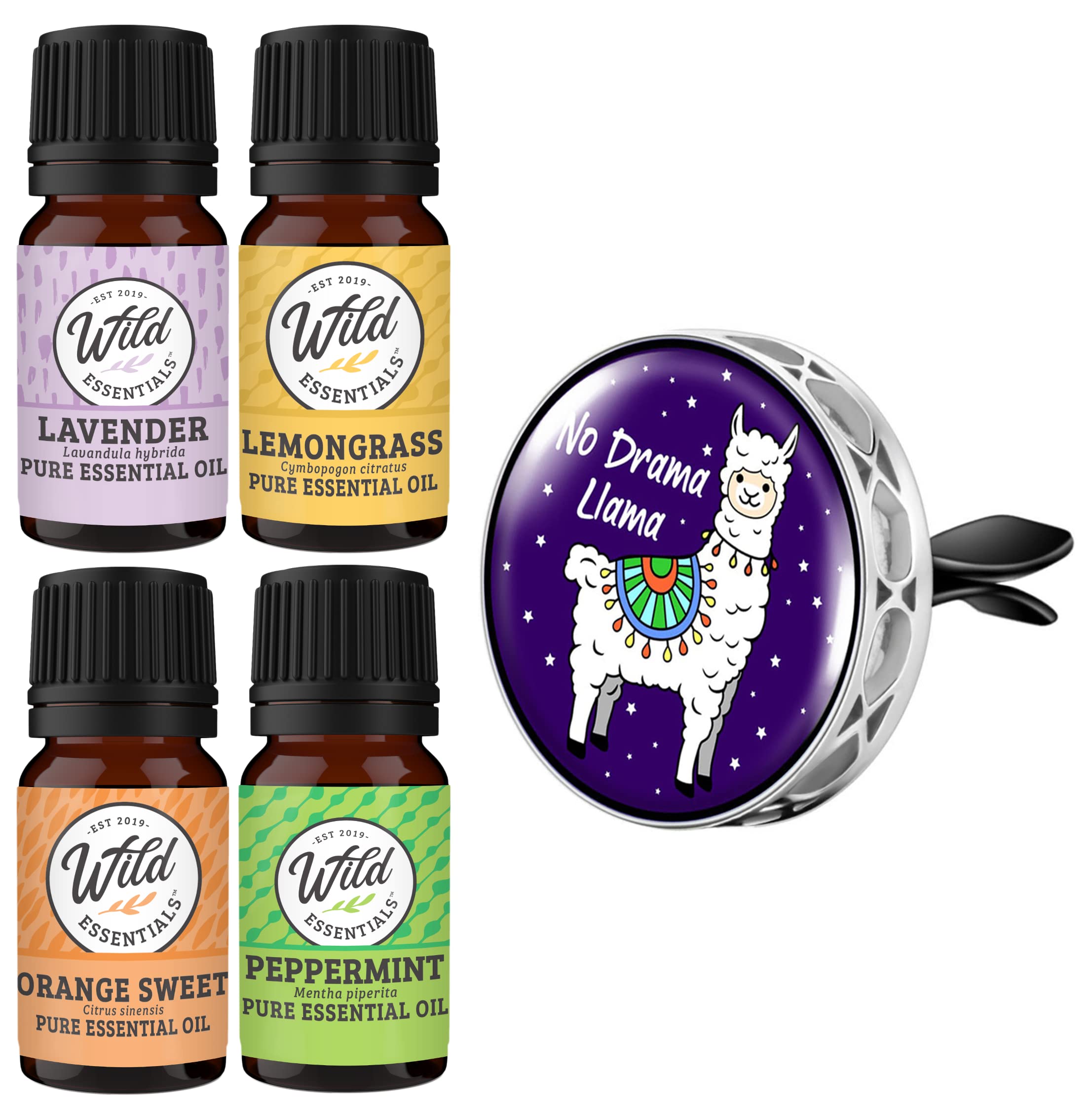 Wild Essentials No Drama Llama Enamel Aromatherapy Car Vent Air Freshener Essential Oil Diffuser With Vent Clip 8 Color Pads 100% Pure Essential Oils (Lavender, Peppermint, Inner Calm, Zen) Gift Set