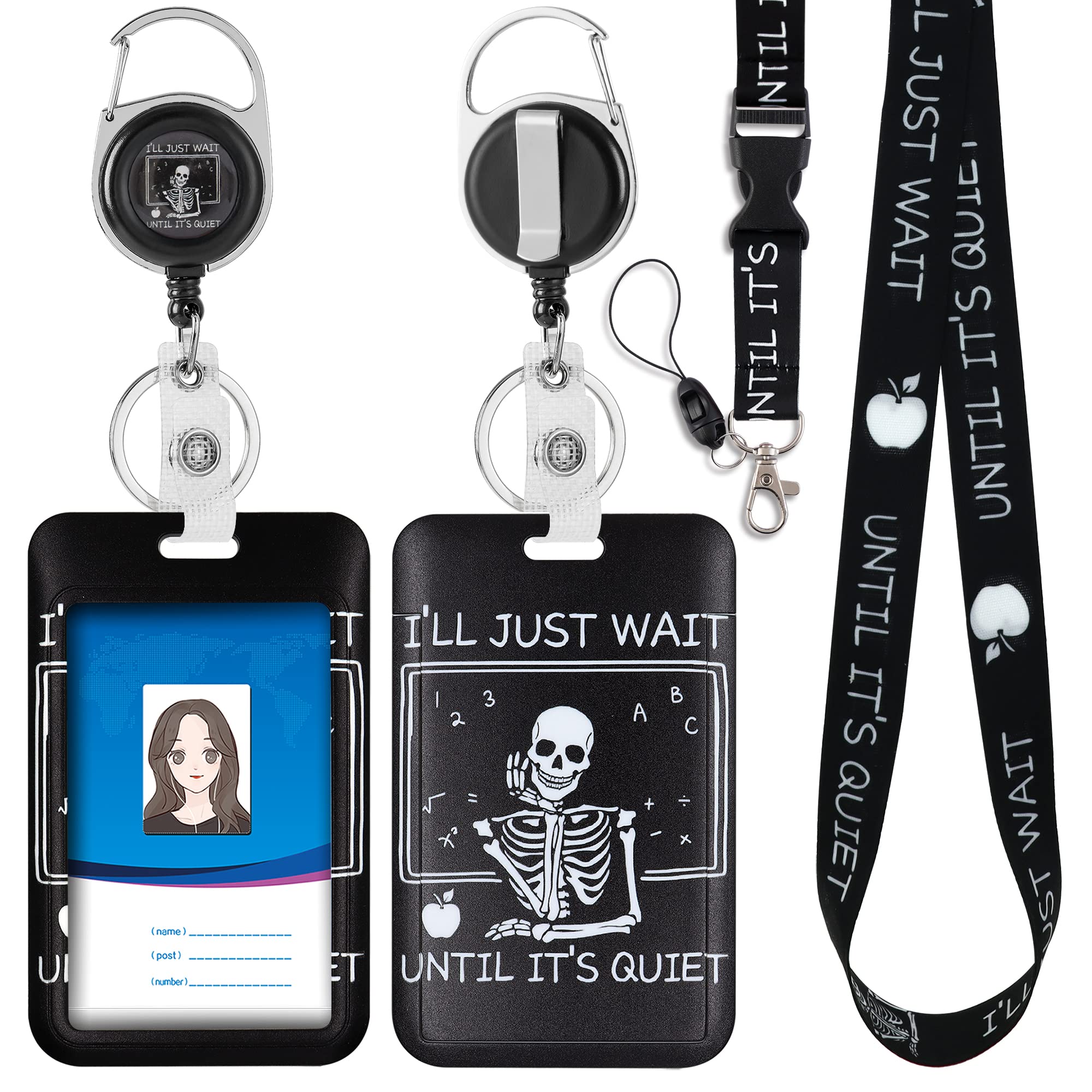 Cute ID Badge Holder with Lanyard and Retractable Badge Reel Clip for Teacher Nurse Student Women Men, Detachable Lanyard for Cruise Ship Cards, Sturdy Keychain for Key (Black Skeleton)