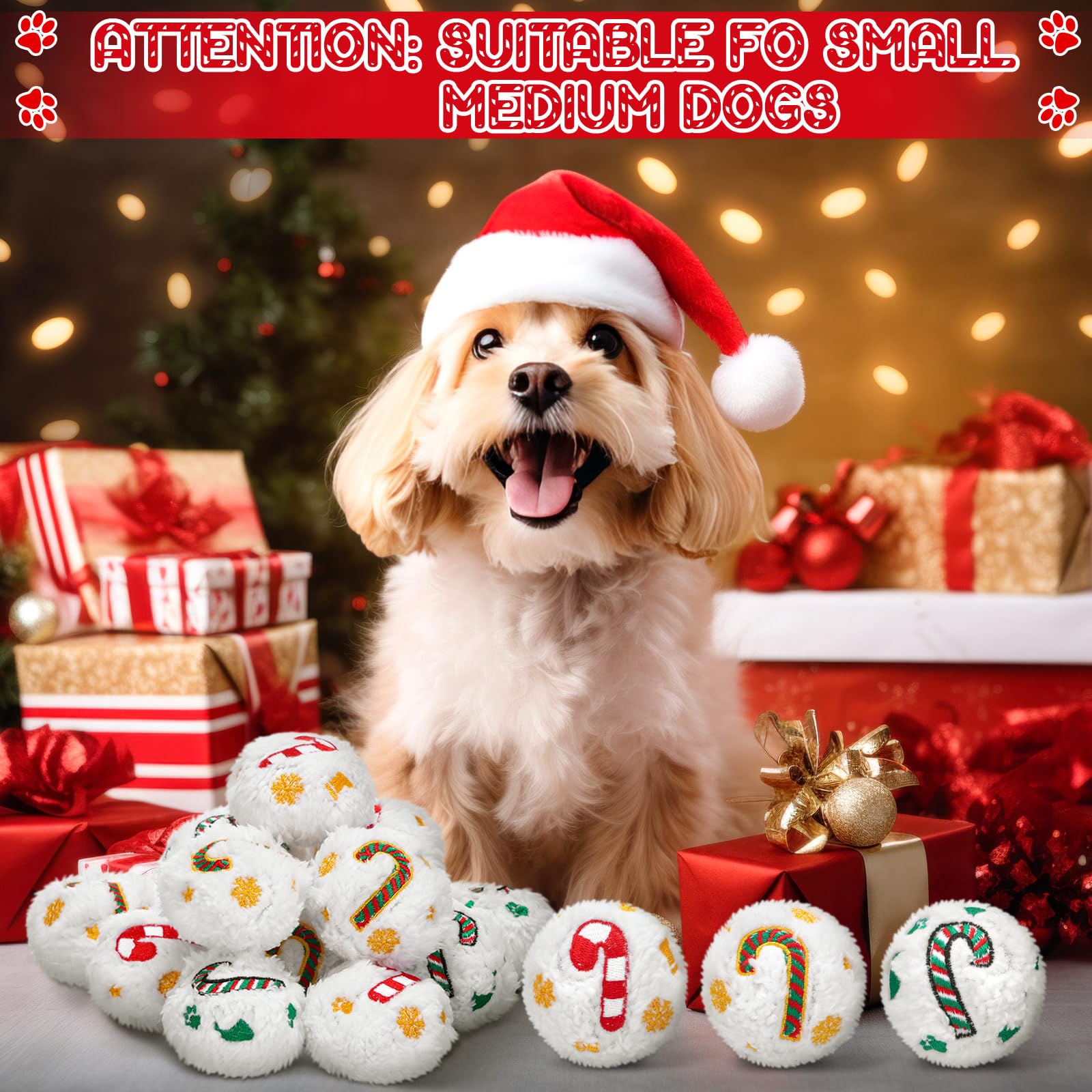 Syhood 60 Stück Weihnachts-Schneeball-Hundespielzeug, quietschend, Plüsch-Spielzeug für drinnen und draußen, Weihnachtsmann Elch für kleine und mittlere Haustiere, Kauspielzeug (Zuckerstangen)