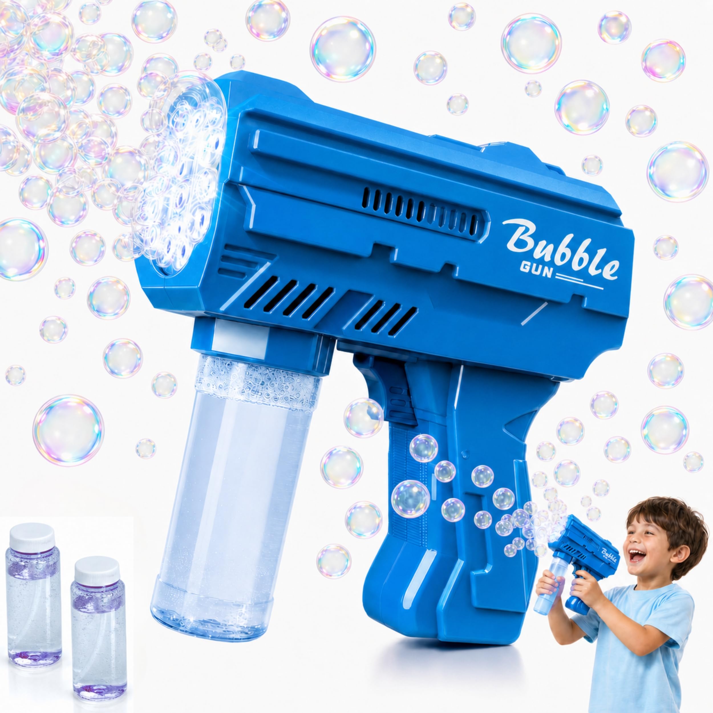 SGM Bubble Gun for Kids with LED Light — Automatic Bubble Blaster with 2 Solution Bottles Included, Safe BPA-Free ABS, Ages 3+, Motorised Outdoor Party Toy for Boys Girls Toddlers (Blue)