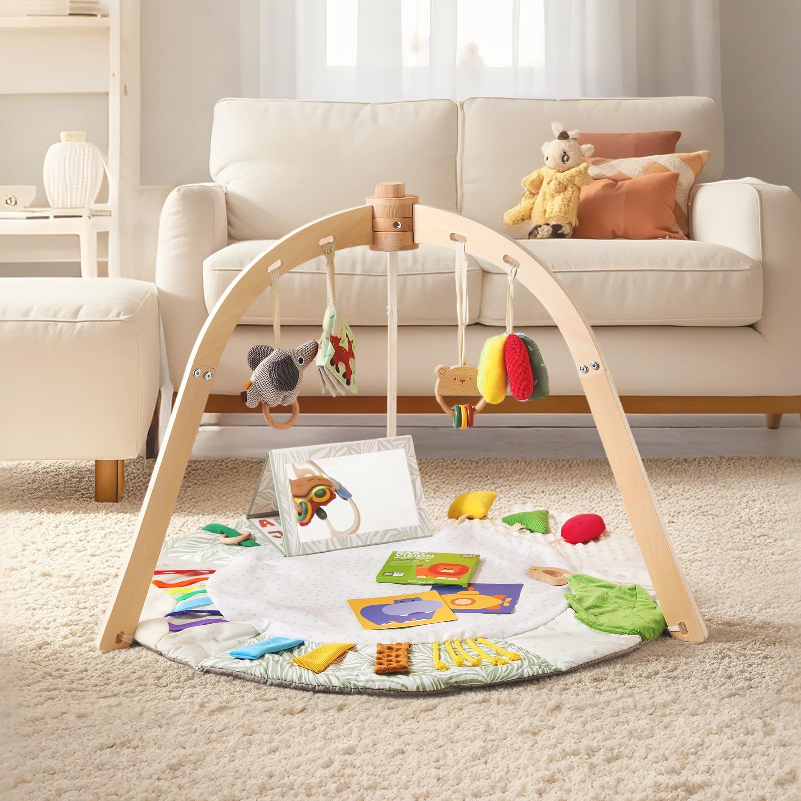 Arco de juegos para bebés Madera Alfombra Arco de juegos Madera Gimnasio 6 juguetes sensoriales interactivos para el desarrollo motor y sensorial Apto para recién nacidos
