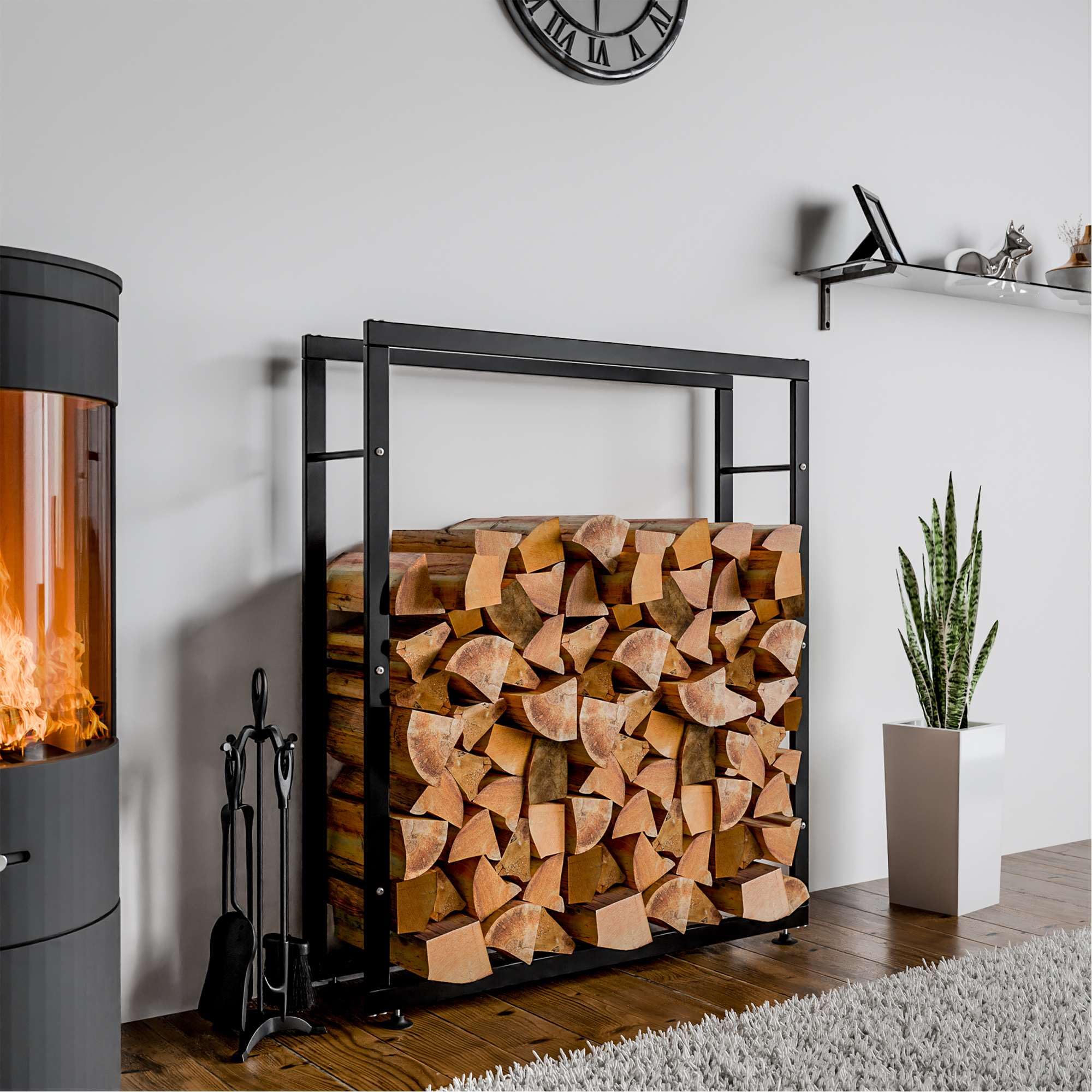 CLP Porte-bûches pour Bois De Cheminée Keri V2 en Métal Noir I Porte-Bois De Chaminée Solide Et Moderne I Support pour Bûches, Couleur:Noir, Taille:25x100x125 cm