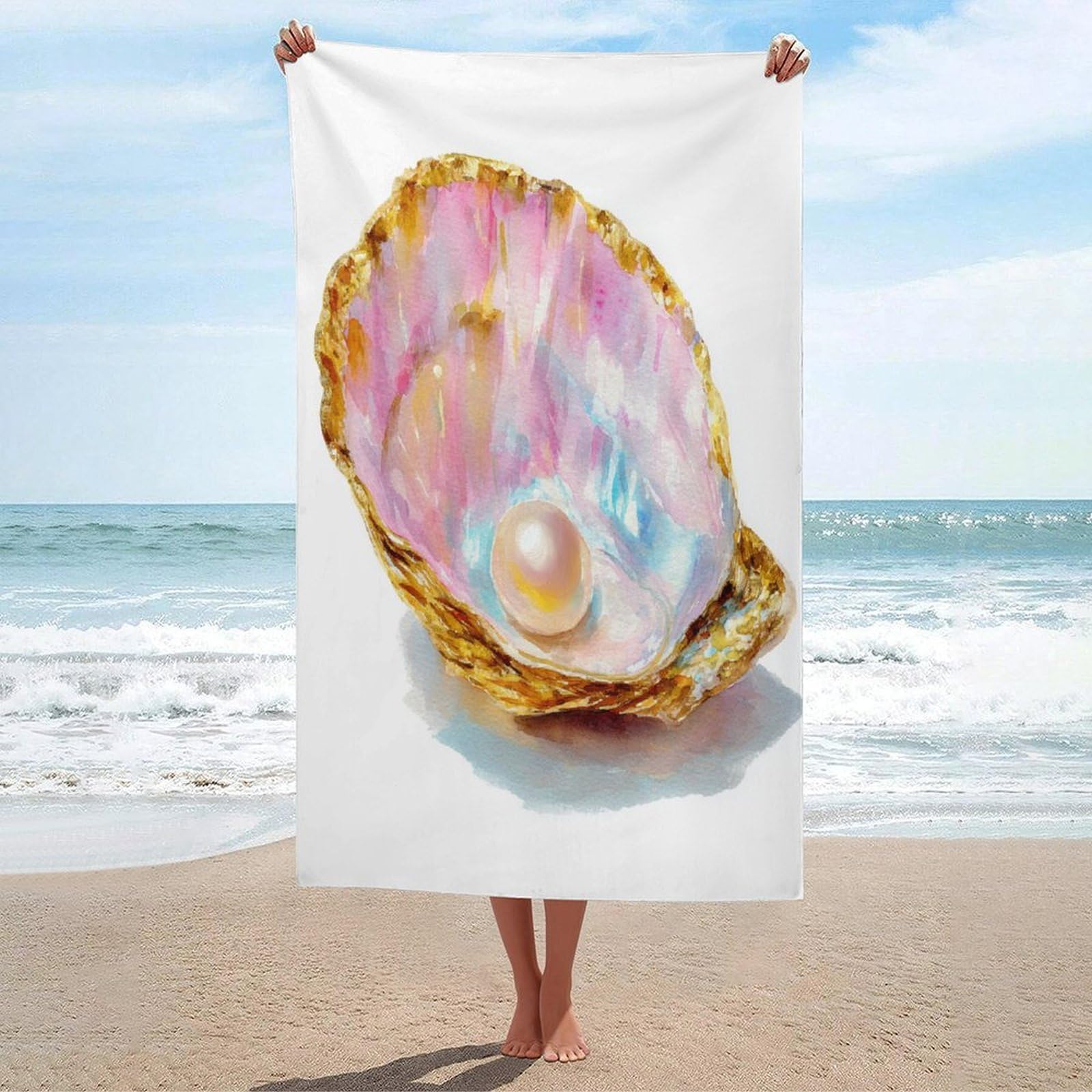 LSRCPD Gold Edging Oyster Shell Luminous Pearl Beach Towel Sand Free Microfiber Large Shower Towels Multipurpose Absorbent for Bathroom Pool 130x80 CM