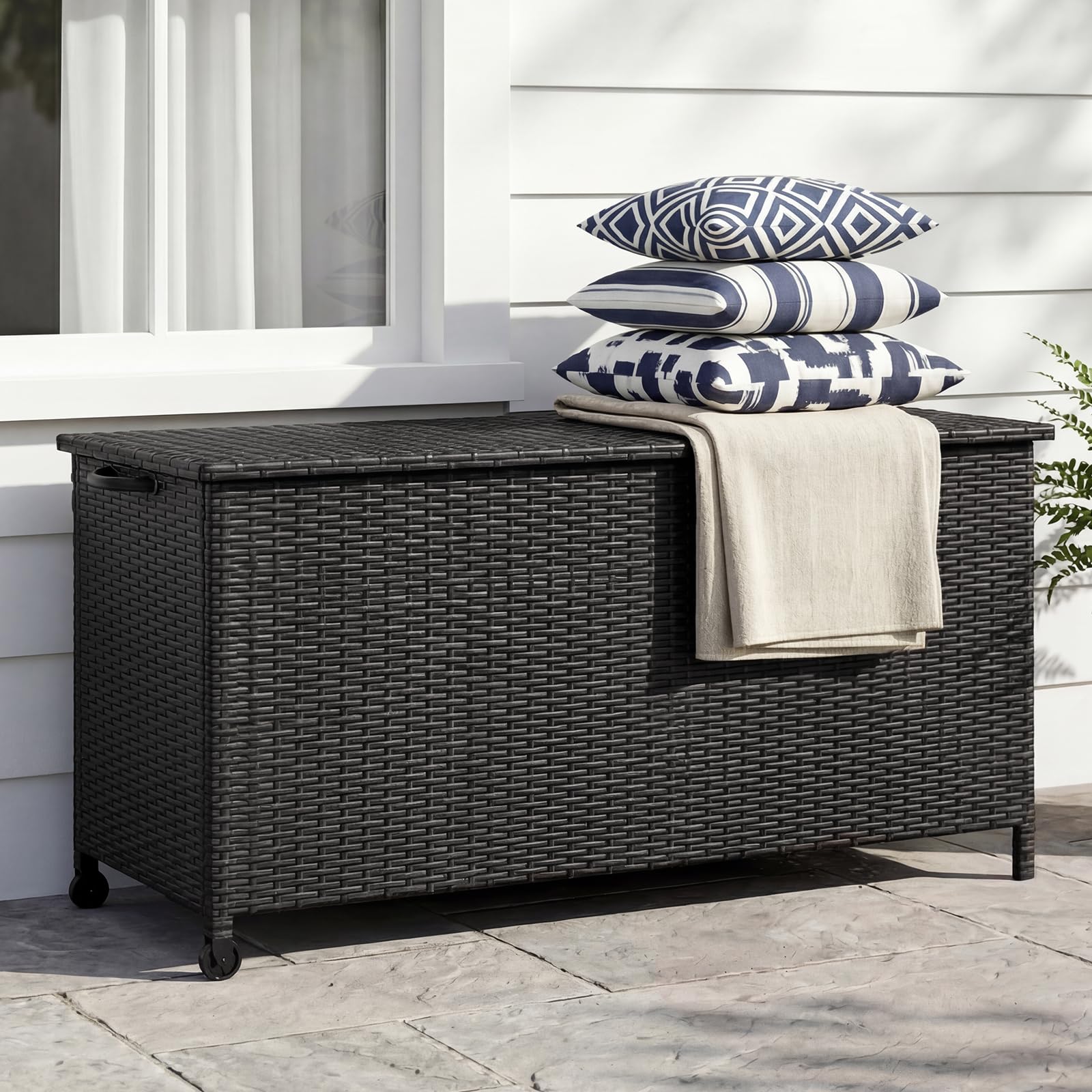 Grand patio Arcón de ordenación 480 L, Caja de almacenamiento de Jardín para Exteriores, Mover Fácilmente, Resina Caja de Almacenaje con Ruedas Tapa (Negro)