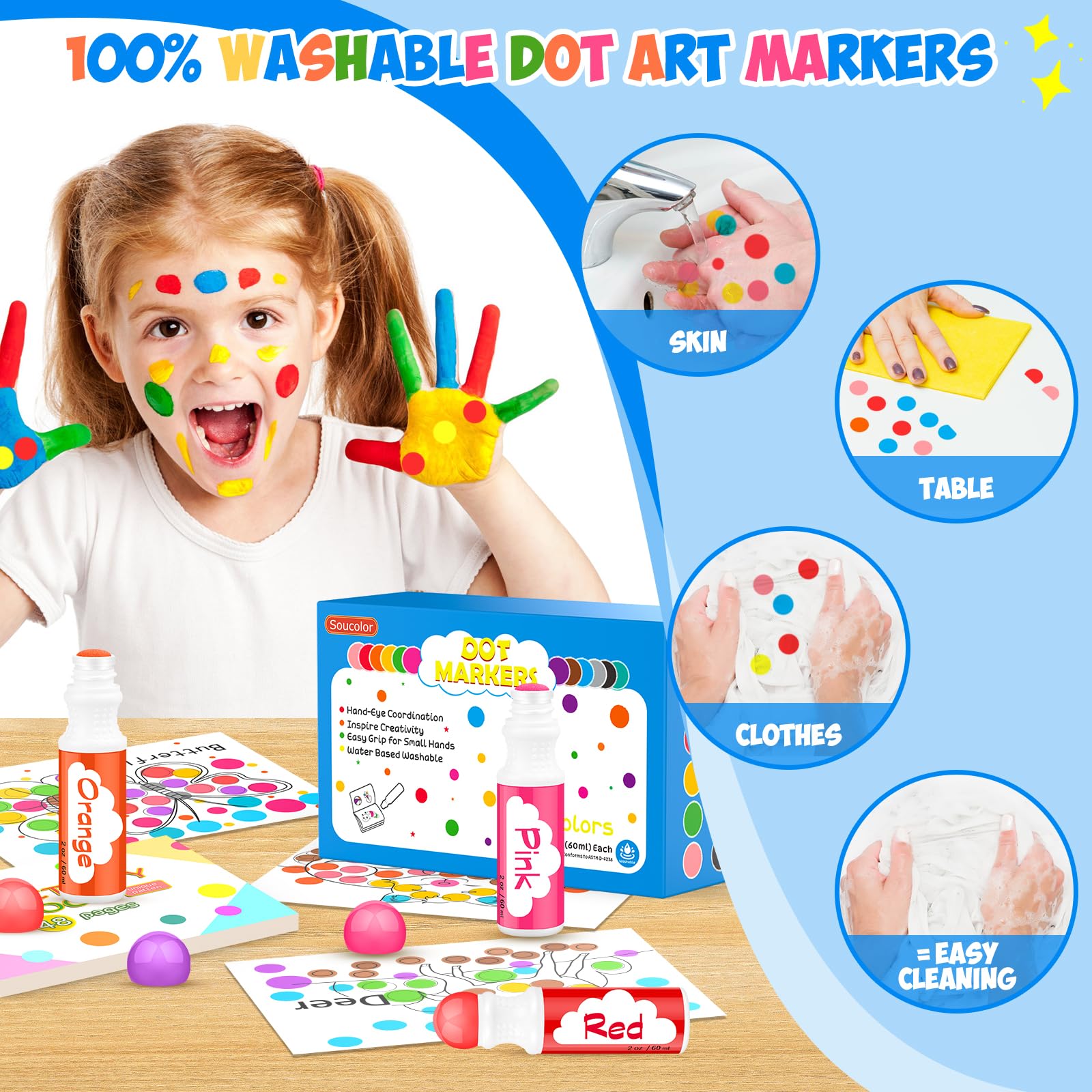 Soucolor Confezione da 96 pennarelli lavabili per bambini e bambini, 8 colori vivaci, atossici per bingo, arti e mestieri prescolari, forniture per aule scolastiche, pennarelli per un divertimento
