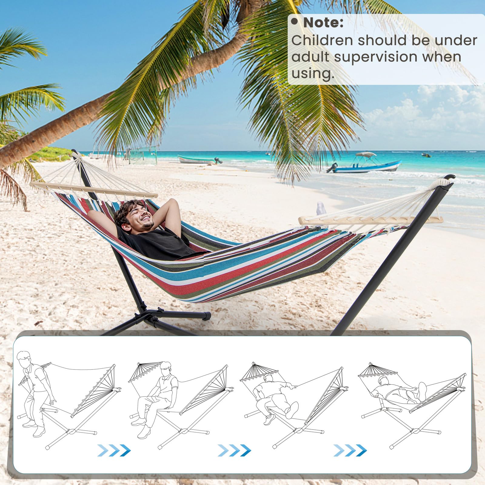 KOMFOTTEU Hamac avec Support en Métal et Sac de Rangement, Charge 150 kg | Lit Suspendu sur Pied, Style estival coloré, pour Jardin, Camping, Plage, 210 x 100 cm