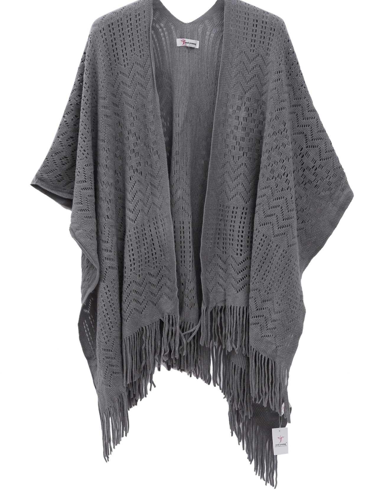 Soul Young Women's Grey Knit Shawl Wrap For - Fringe Knitted Poncho Cardigan Cape(Grey)(Size: One Size)