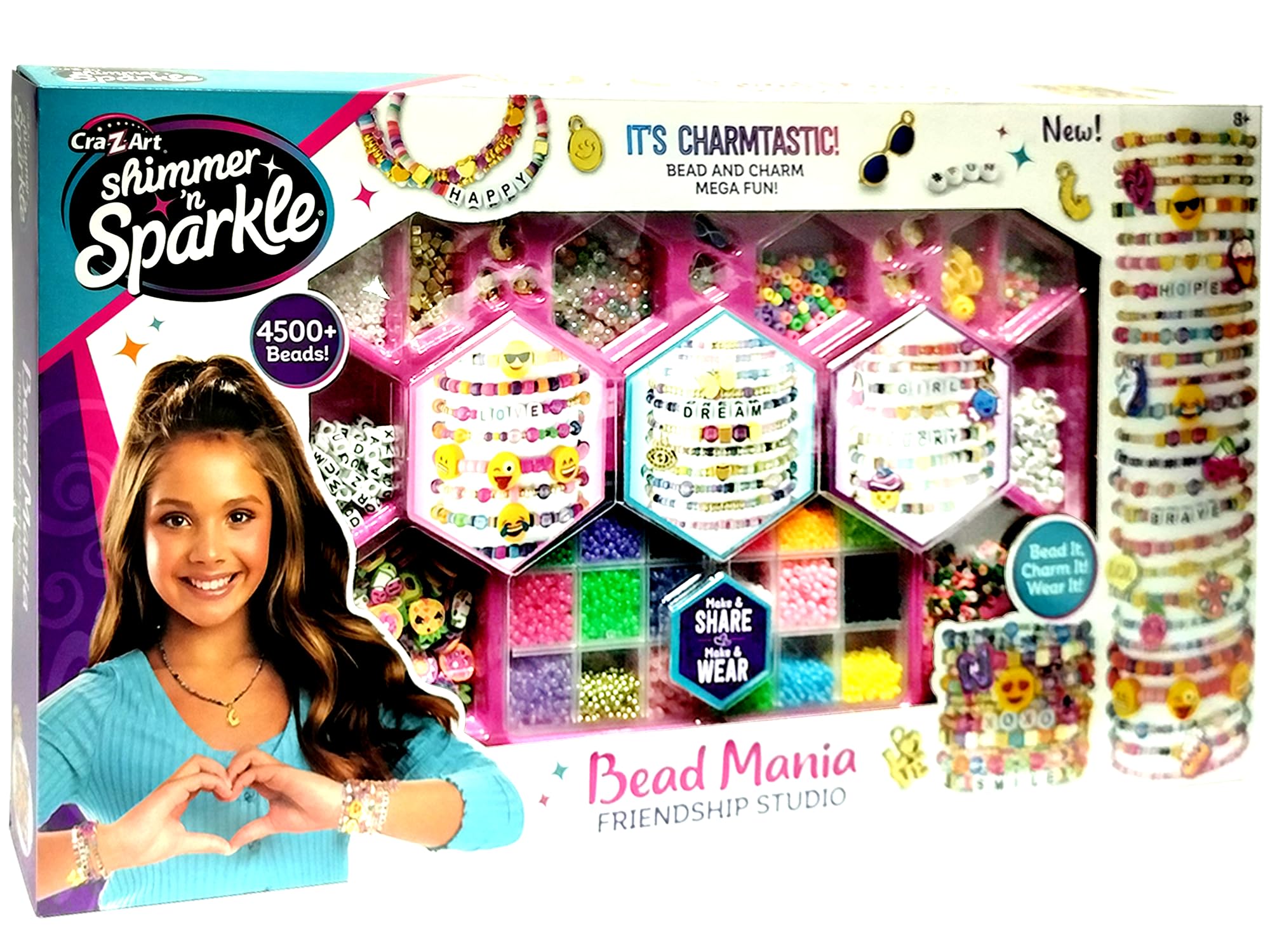 Shimmer 'N Sparkle Bead Mania Friendship Studio, zestaw do tworzenia bransoletek DIY z torbą do przechowywania, koralikami, zawieszkami, elastycznym sznurkiem