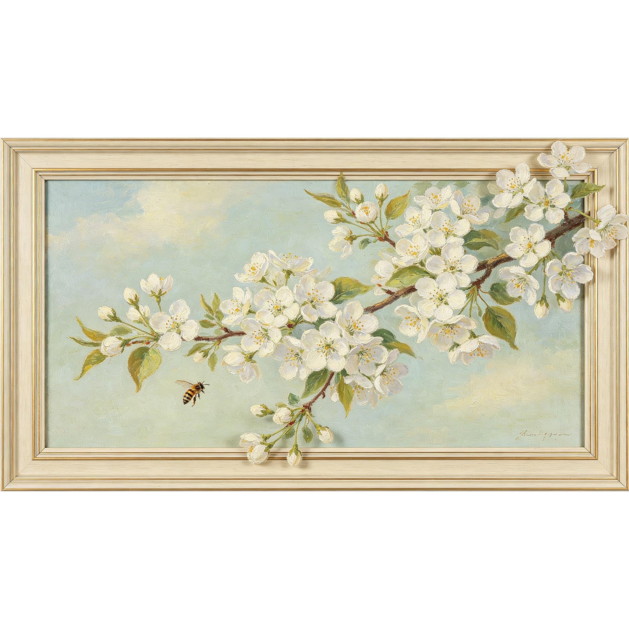 QZLITHOTIC 50x90cm3D Framed Wall Art， Botanical White Blossom Branch with Bee Self‑Adhesive Mural， Water‑Activated Peel & Stick Fabric Decor Wall Decal for Bedroom Living Room