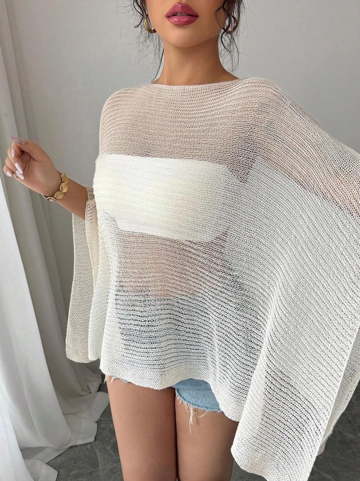 Damen-Poncho aus transparentem Strick mit 3/4-Ärmeln, leichtes Oberteil zum Überziehen