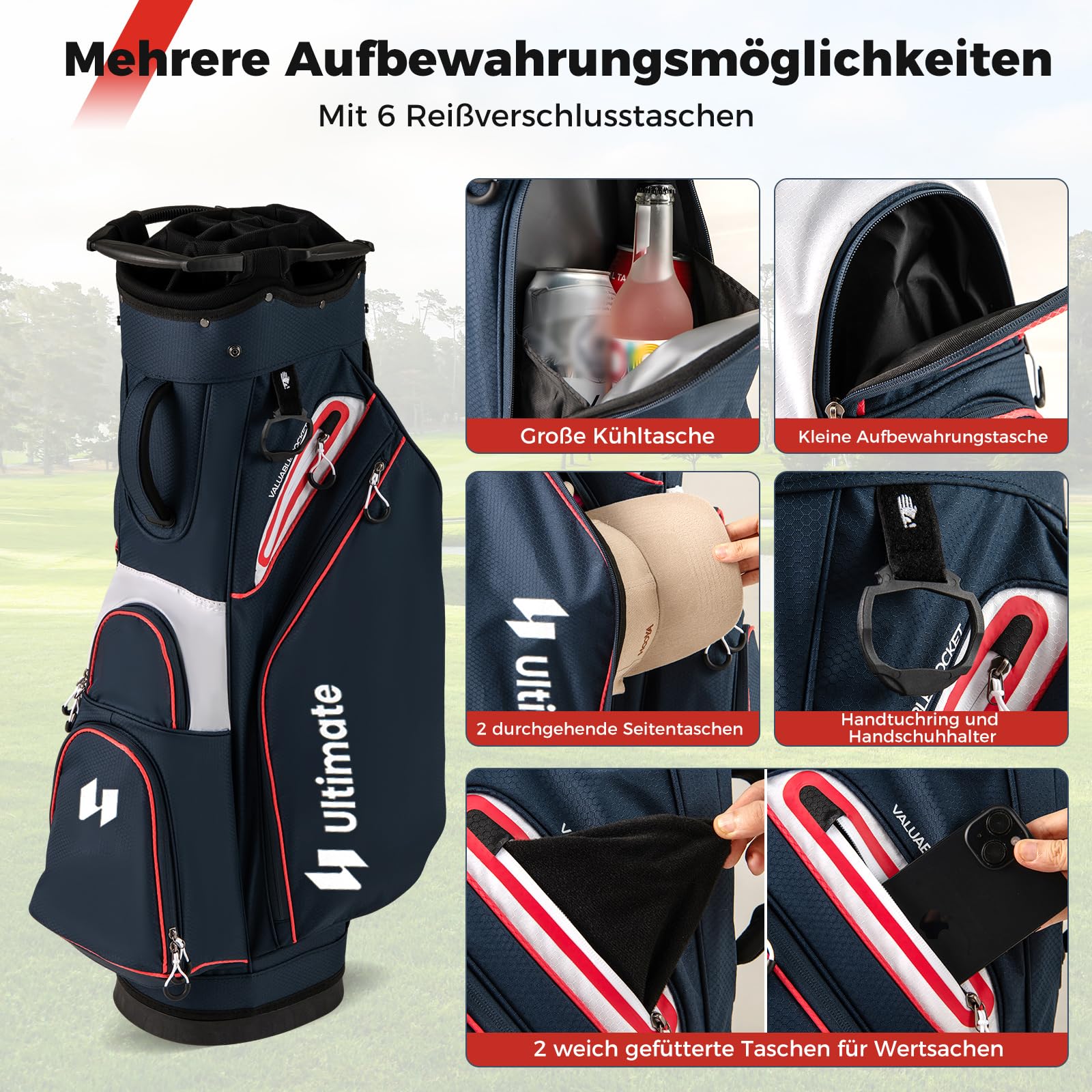 COSTWAY Golfbag, leichtes Golf Cart Bag mit 14 er Unterteilung & Tragegurt, Wasserabweisende Golftasche mit Regenhaube, Golfwagentasche tragbar für Herren & Damen