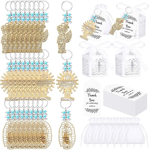 120 llaveros de bautismo, recuerdos de bautizo para cruz, de madera, cajas de regalo de bautismo, bolsas de organza, etiquetas de agradecimiento