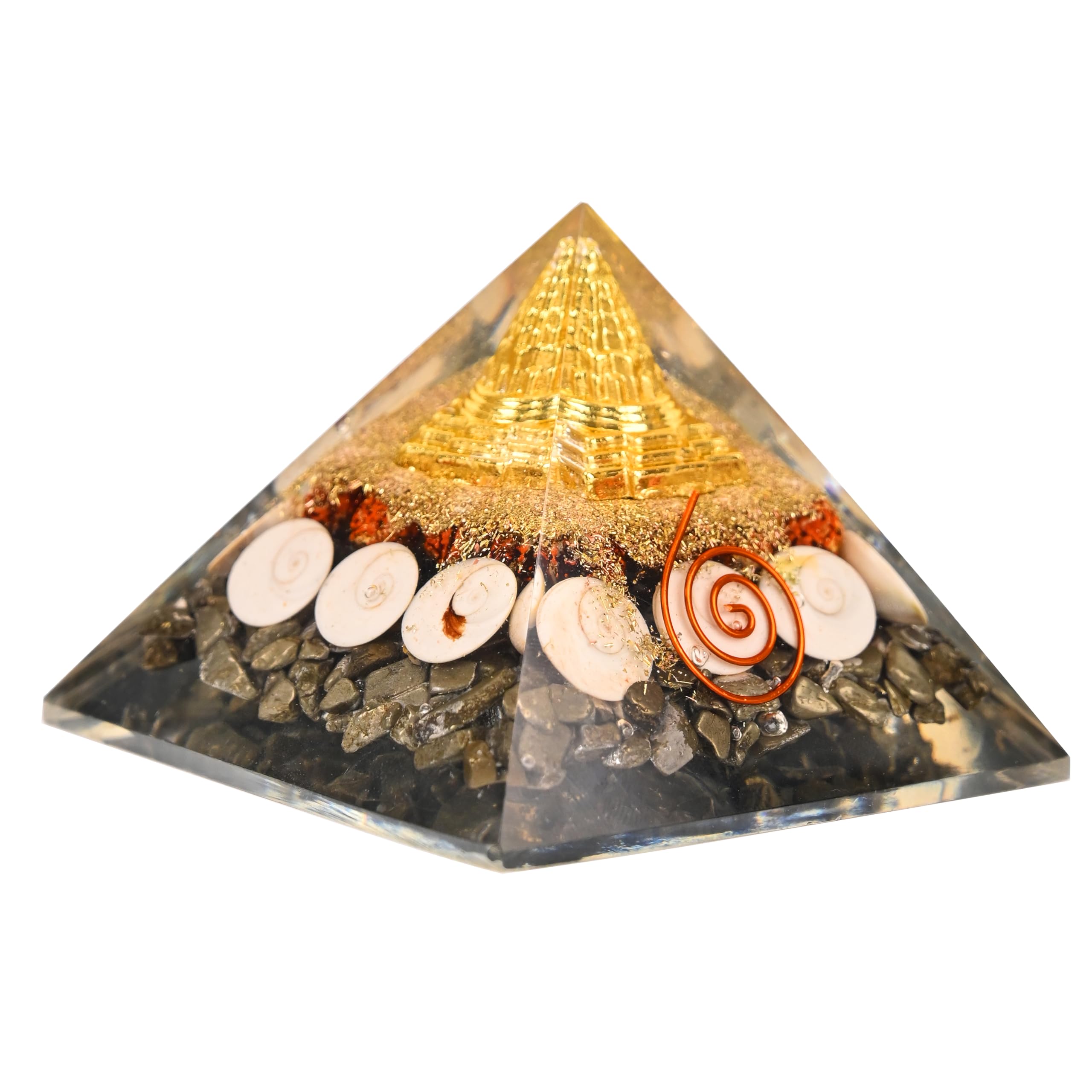 Money Magnet Pyrite Pyramid for Vastu, Home & Office | Original Pyrite Stone with Rudraksha, Gomati Chakra & Shri Yantra | Vastu Pyramid for Pooja, Positive Energy & Wealth Attraction