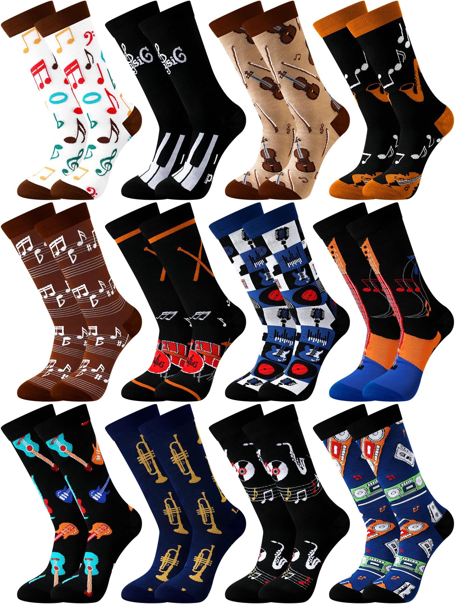 Suhine 12 Pairs Music Gift Socks for Men Novelty Music Lover Gifts Musical Instrument Pattern Crew Socks Christmas Gift, Multiple Colors, One Size