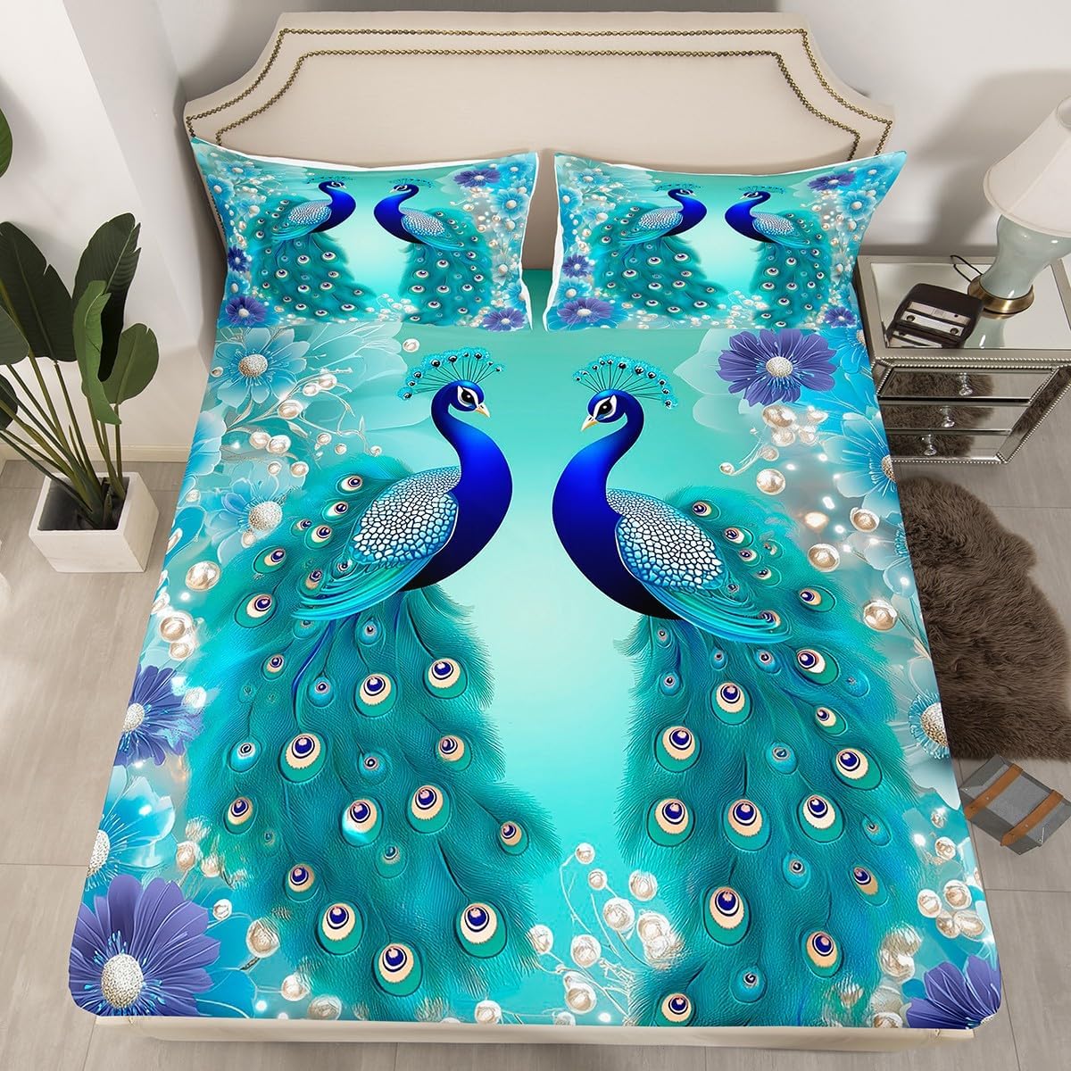 Peacock Fitted Sheet Bohemian Fitted Bed Sheets Exotic Birds Animals Bedding Sets Navy Blue Feather Teal Floral Fresh Natural Bedding Decor Set with 2 Pillow Cases Bedroom Decor Full Size Pastel