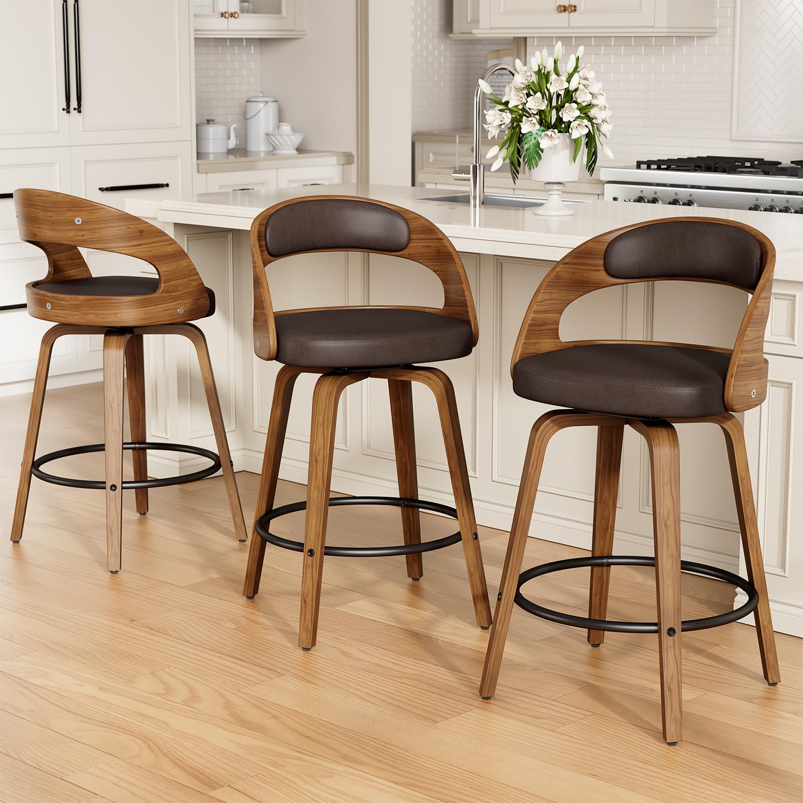 REONEY Swivel Bar Stools Set of 3, 26" Counter Height Bentwood Barstool, Mid-Century Modern PU Leather Upholstered Bar Chair with Back and Footrest,