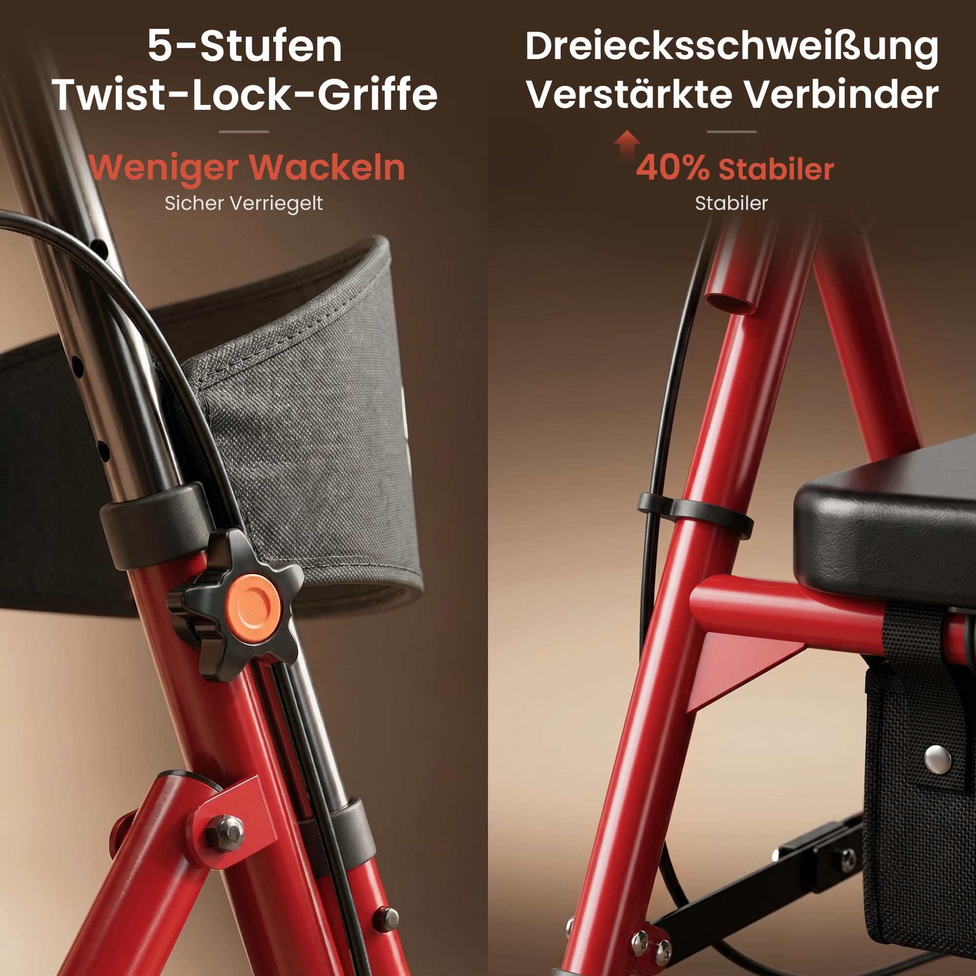 Rollator Faltbar und Leicht mit Sitz, Rollator Schmal für Wohnung, Rollatoren für Senioren mit Höhenverstellbar Sitz und Griff, Indoor Walker, mit Bremse, Korb, Rot