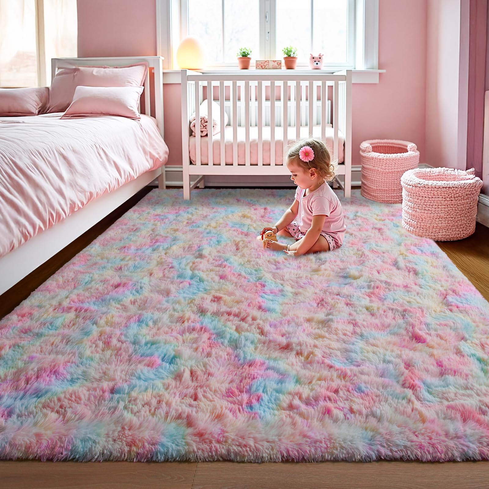 LOCHAS Luxury Fluffy Rainbow Area Rug for Girls Bedroom 4x6, Soft Fuzzy Kids Rugs for Bedroom Boys Playroom, Cute Colorful Tie Dye Princess Carpet for Nursery Living Room Home Decor, Rainbow
