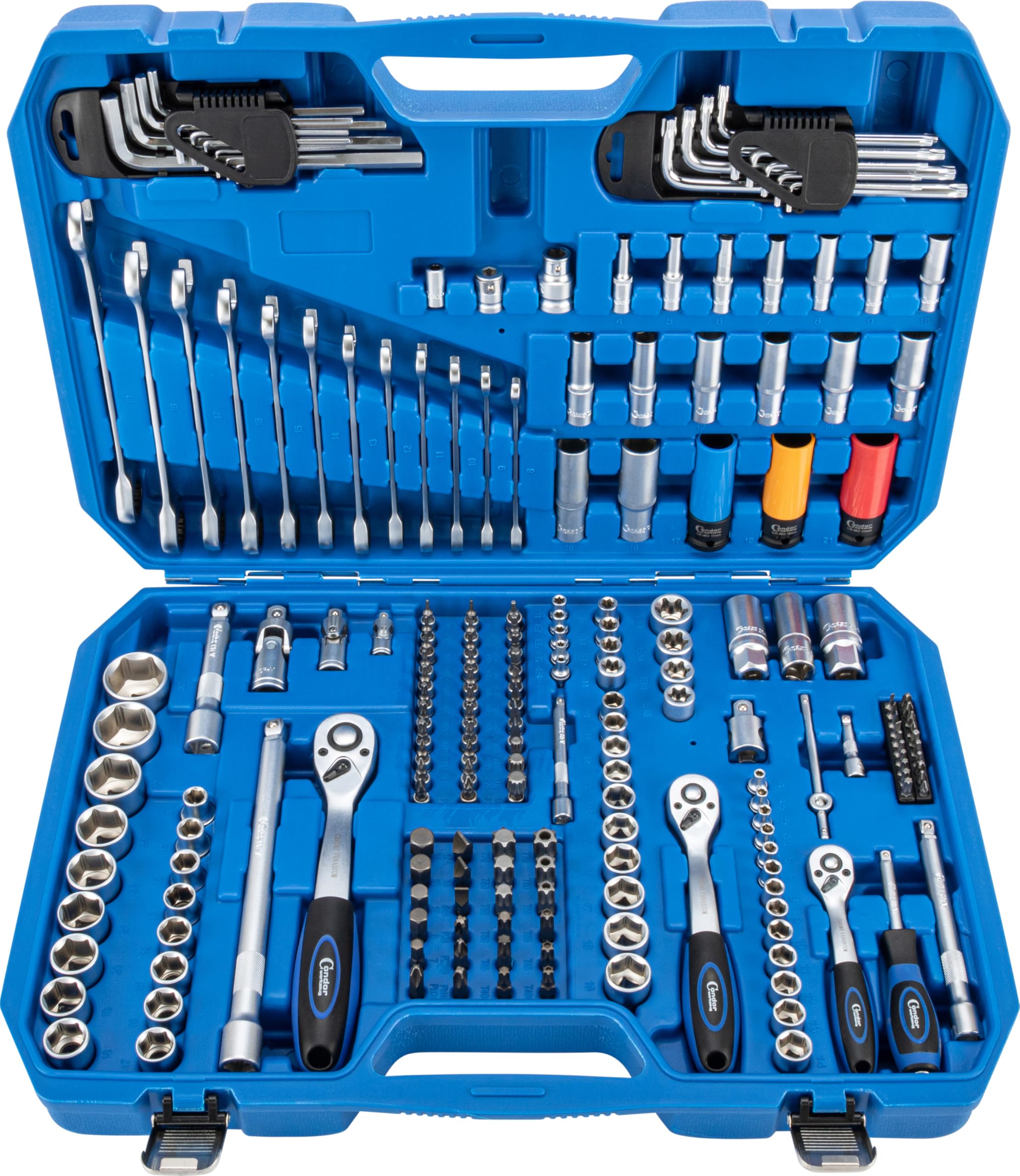Condor Tool 2176 - Set di chiavi a bussola, 199 pezzi, 1/4 + 3/8 + 1/2", esagonali 4-32 mm, set a cricchetto, scatola a cricchetto, set di attrezzi professionali