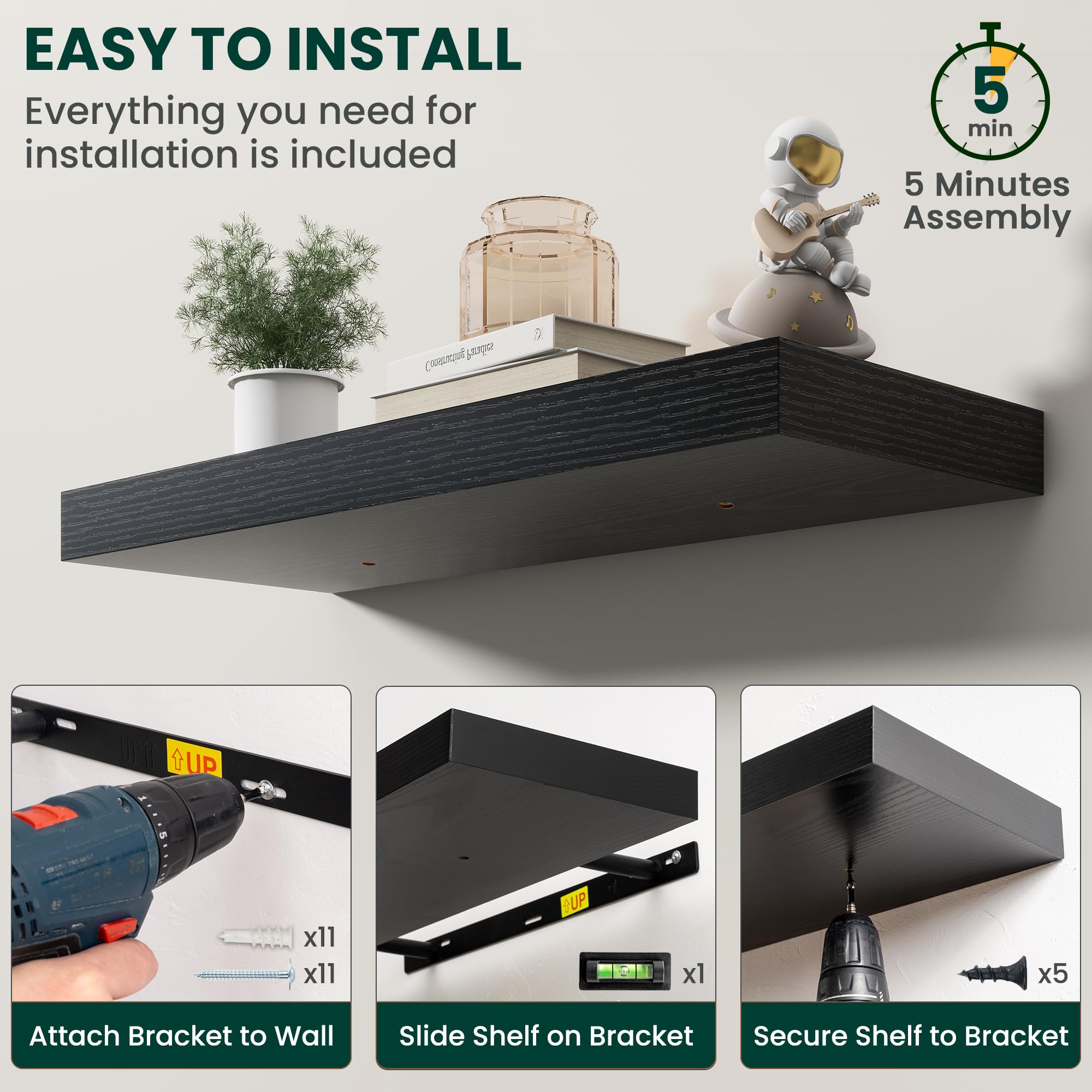 Juego de 2 estantes flotantes de 120 cm para pared con soportes invisibles, estante de madera resistente montado en la pared para cocina, baño, sala de estar, dormitorio