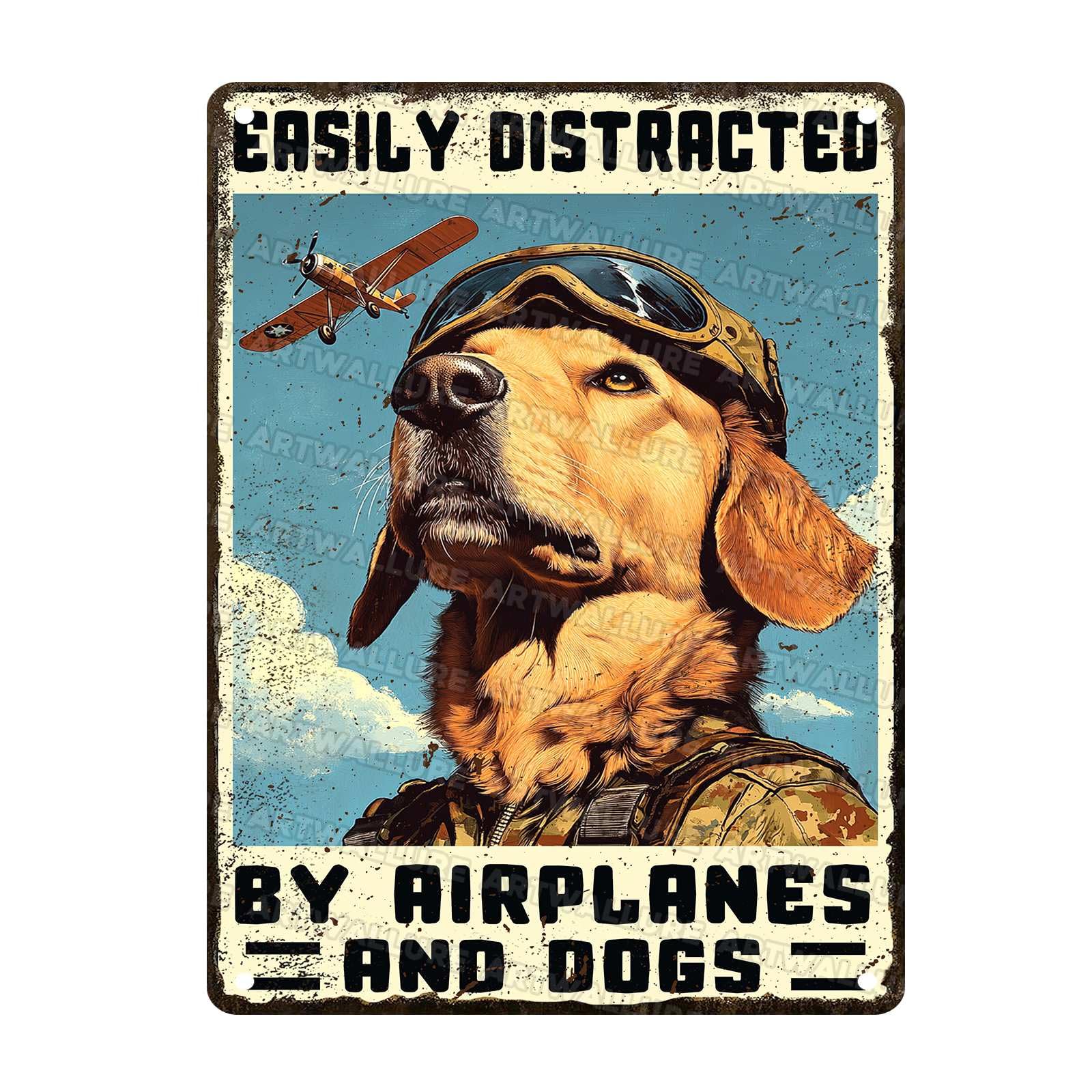 Funny Vintage Pilot Metal Sign Easily Distracted By Airplanes And Dog Metal Poster Home Kitchen Garden Garage Coffee Bathroom Man Cave Aluminium Sign Art Wall Decor 12x16Inch