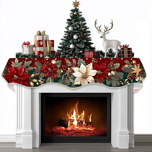 Bufanda de Navidad para chimenea, cubierta decorativa para Navidad, invierno, mantel superior (flor de pascua con borde dorado, 70 pulgadas de largo