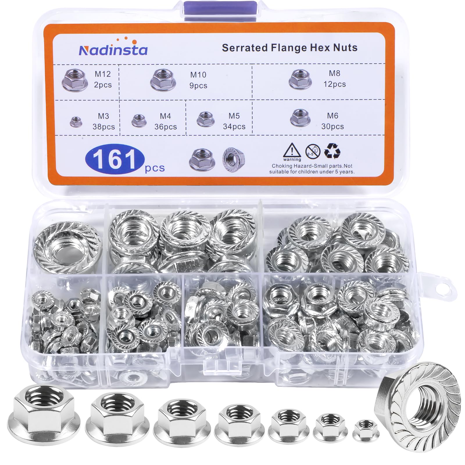 Nadinsta 161 Pcs Hex Flange Nuts, Silver Serrated Flange Hex Nut M3 M4 M5 M6 M8 M10 M12, Non-Slip Hexagon Flanged Nut