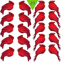 Vista 3 de Adornos de Navidad con clip cardenal, decoraciones navideñas, clips plateados, cuerpos flocados rojos con alas de plumas y cola, 20 piezas
