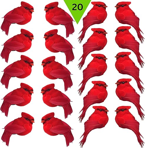 Miniatura 3 de Adornos de Navidad con clip cardenal, decoraciones navideñas, clips plateados, cuerpos flocados rojos con alas de plumas y cola, 20 piezas,