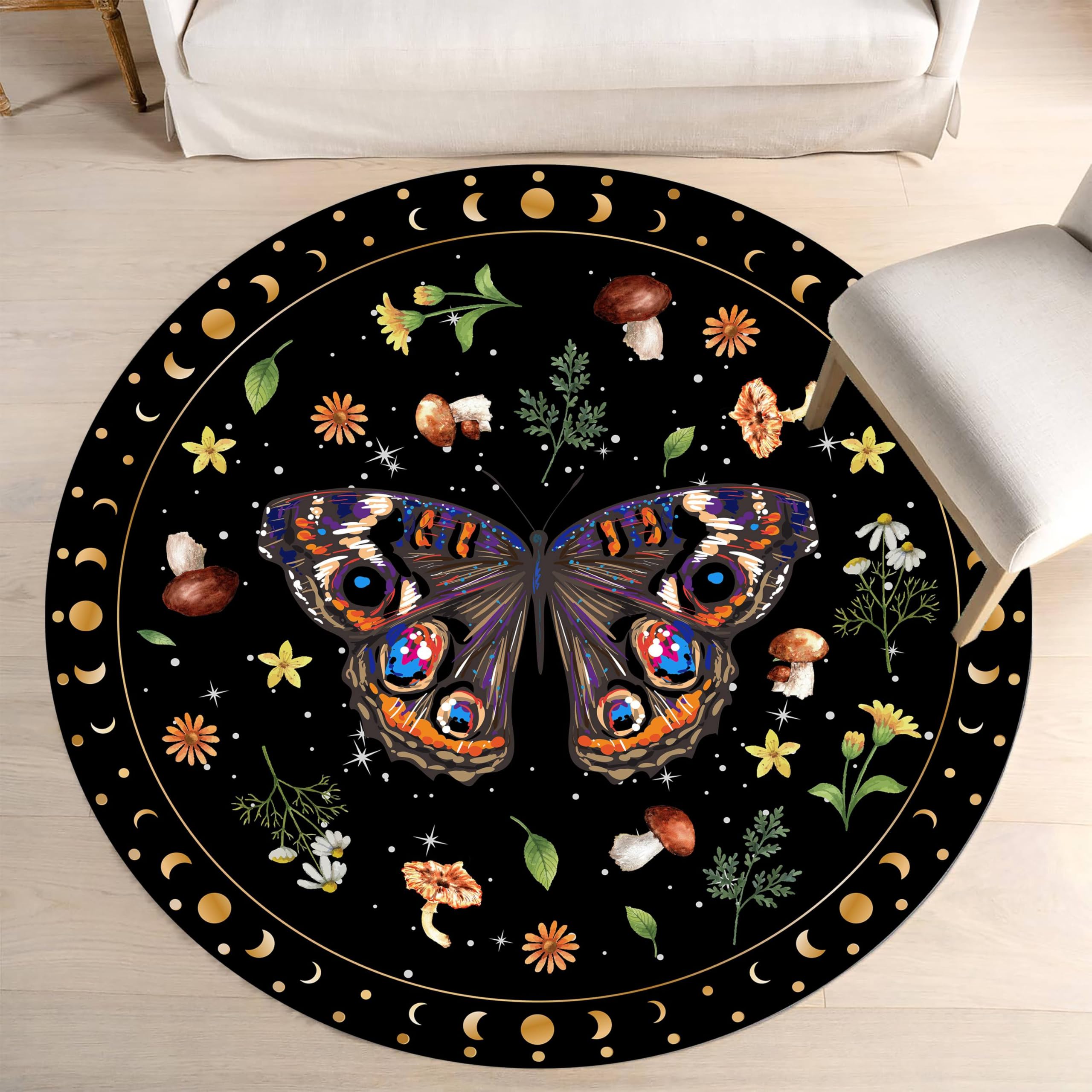 Kuluoits Butterfly Circle Area Rug, 7ft, Colorful Floral Abstract Chic Butterfly Pattern Washable Indoor Mat, Mushroom Fungus Insect Plant Black Round