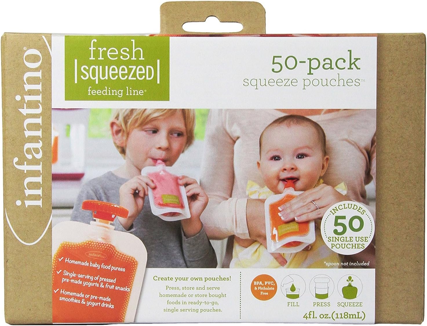 Infantino Disposable Squeeze Pouches, Baby Food Pouches for Portable Homemade Semi-Solid Food for Babies and Toddlers, BPA and PVC free, Freezer Safe, 50-Pack